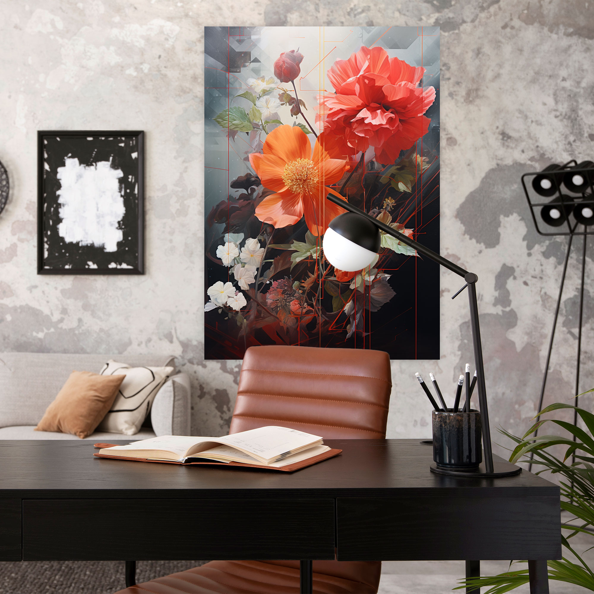 Harmony Of Blooms Mixed Media Wall Art - Bleeding Flowers, Geometric Shapes, Mixed Media, Canvas