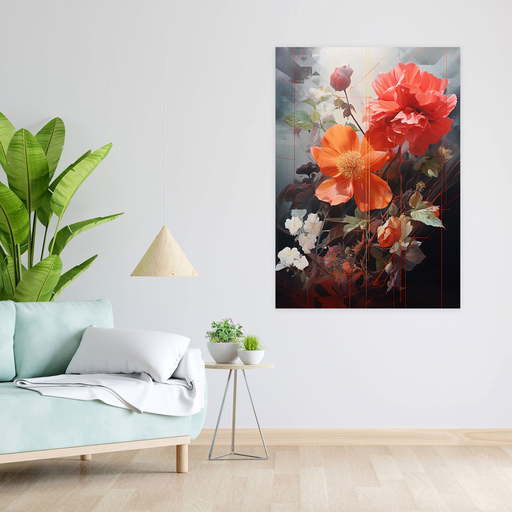 Harmony Of Blooms Mixed Media Wall Art - Bleeding Flowers, Geometric Shapes, Mixed Media, Canvas