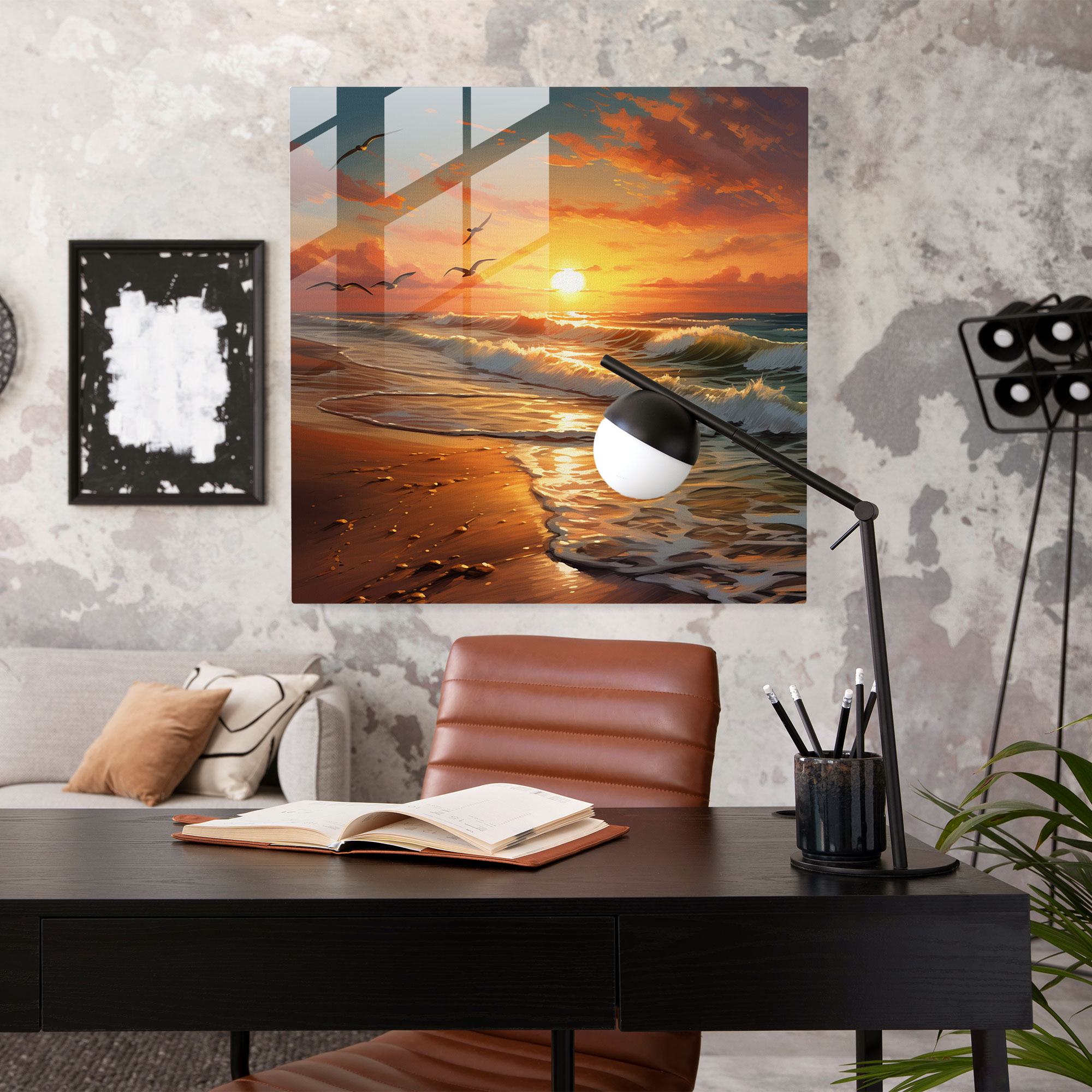 Beige Glass Print - Beach Sunset - Beige, Beach Sunset, Beige Glass Wall Art, Wall Decoration