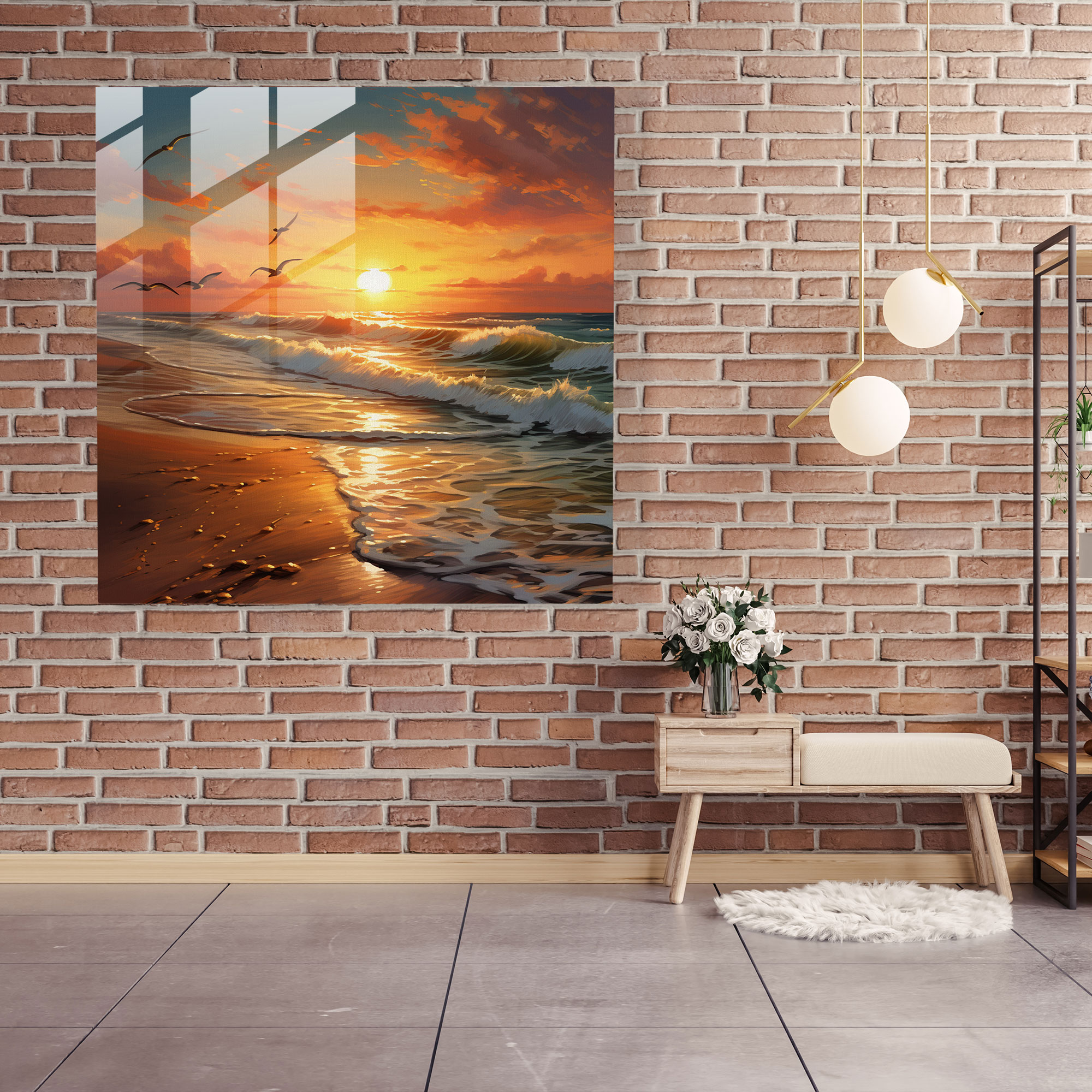 Beige Glass Print - Beach Sunset - Beige, Beach Sunset, Beige Glass Wall Art, Wall Decoration