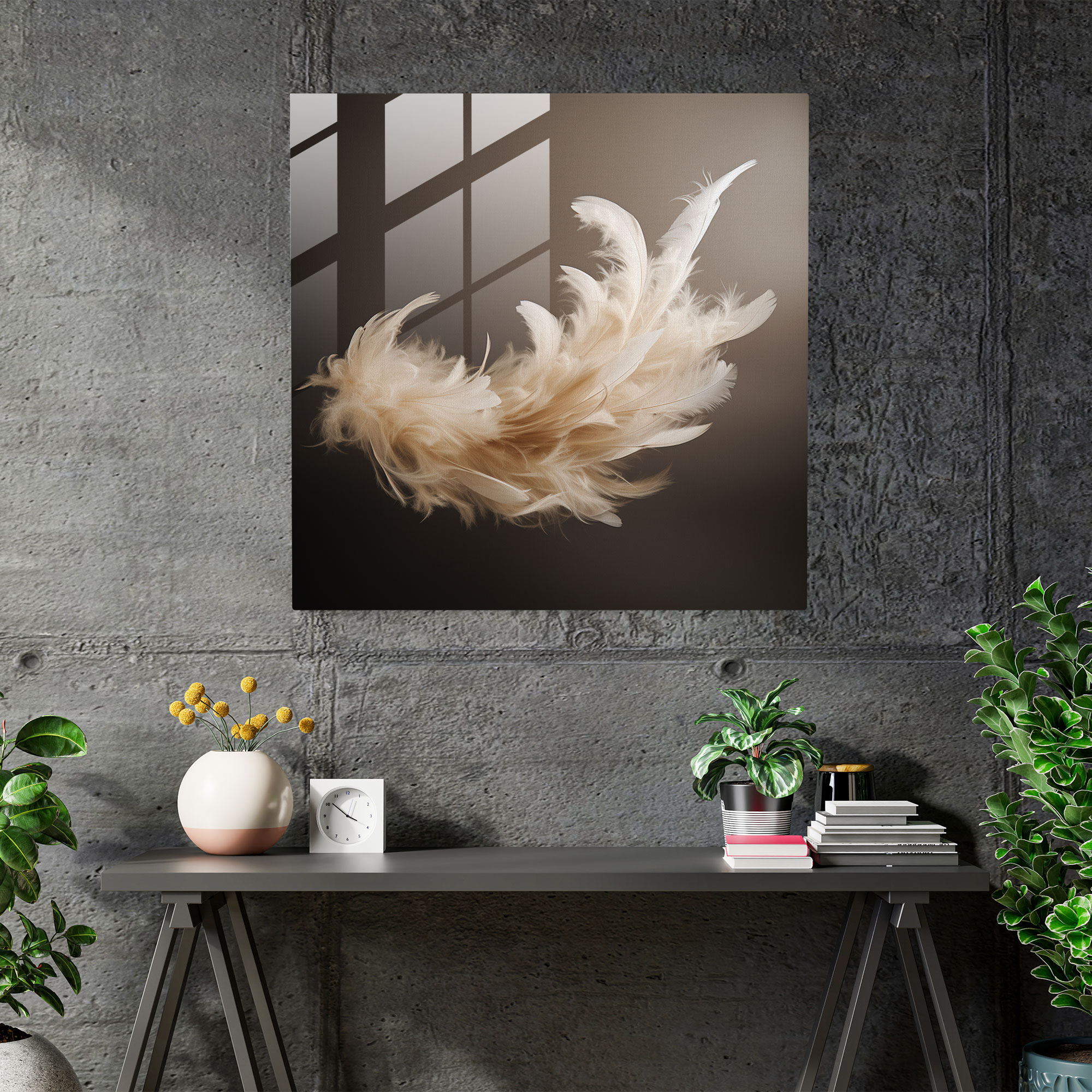 Beige Glass Print - Floating Feathers - Beige, Modern Art, Beige Glass Print, Beige Glass Wall Art