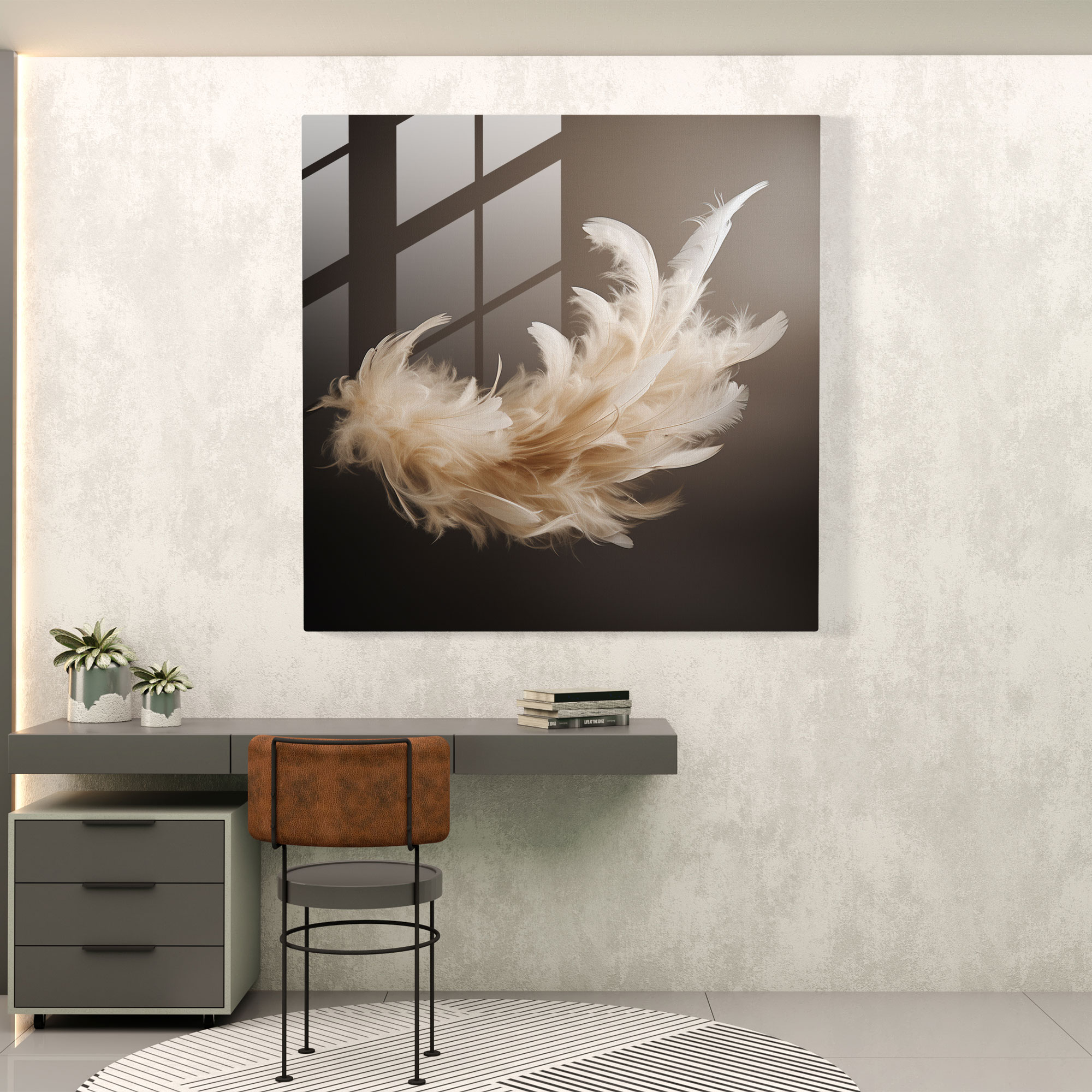 Beige Glass Print - Floating Feathers - Beige, Modern Art, Beige Glass Print, Beige Glass Wall Art