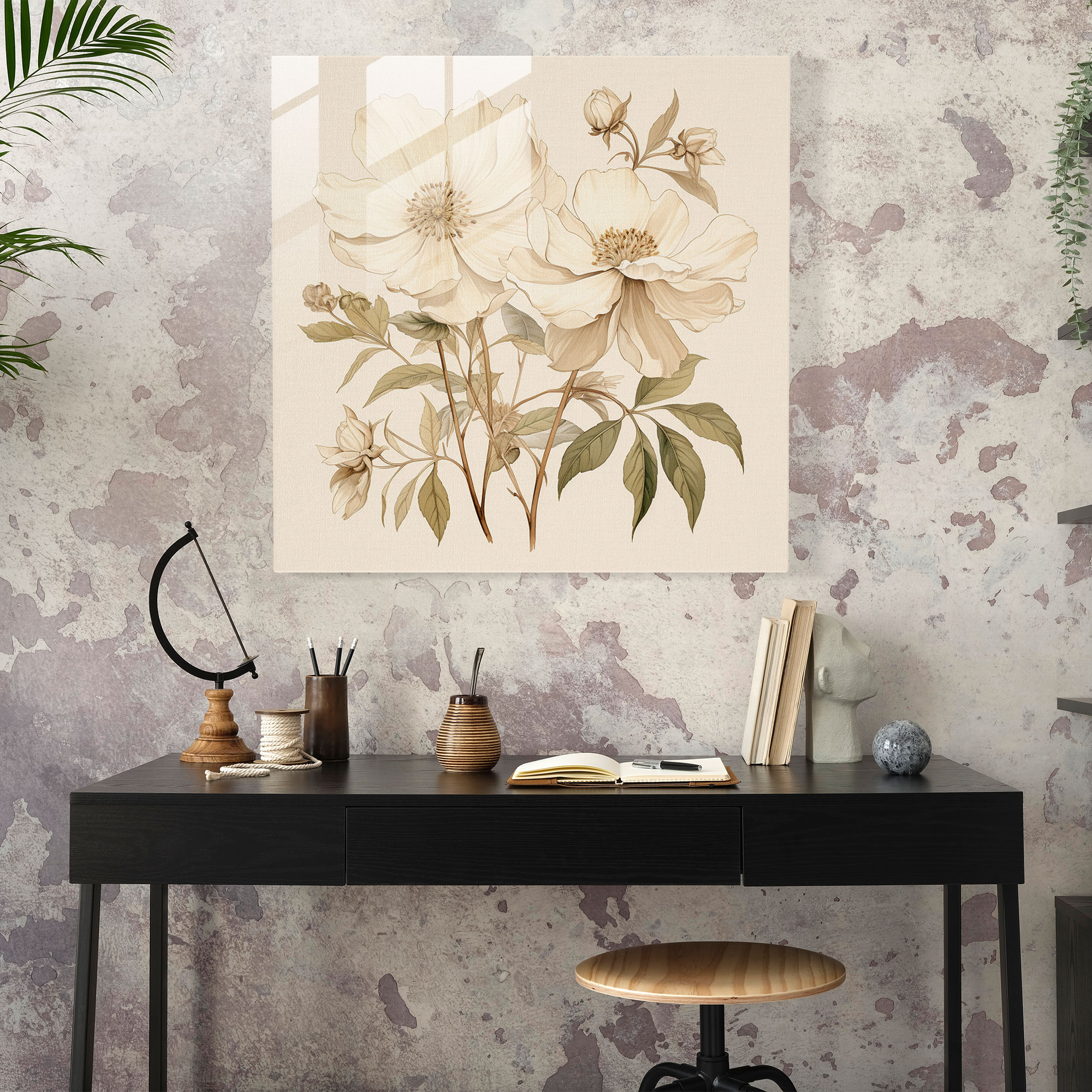 Beige Glasbild - Vintage Botanische Illustration - Beige Wanddekoration Beruhigendes Ambiente