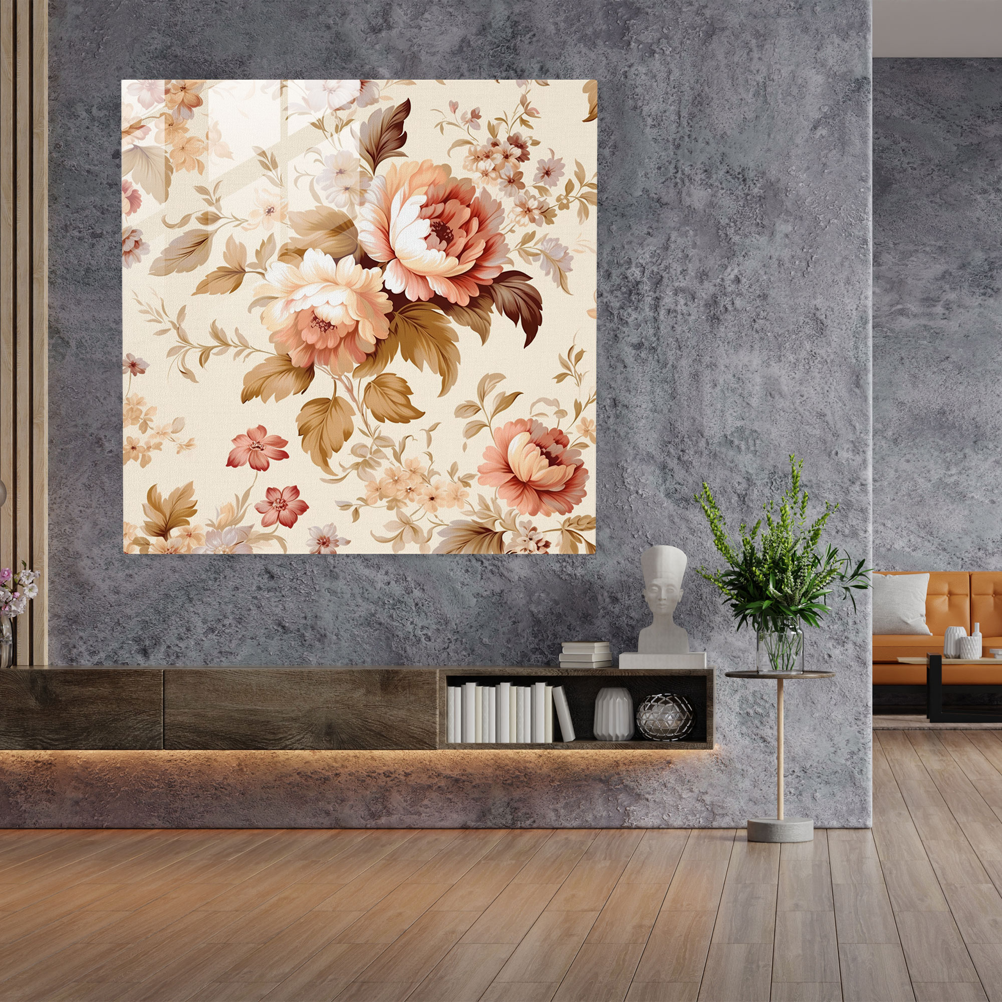 Bej Cam Tablo - Vintage Çiçek Deseni - Bej Vintage Modern Sanat Duvar Dekorasyonu