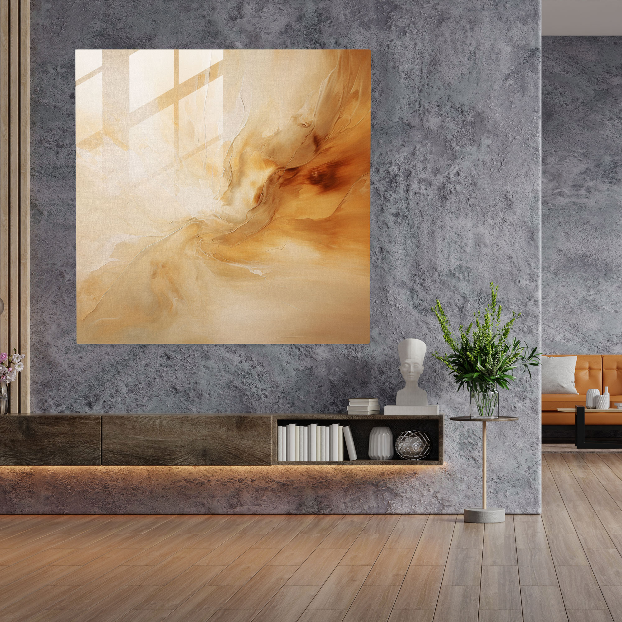 Beige Glass Wall Art - Beige, Fluid Brushstrokes, Comfort, Glass Print