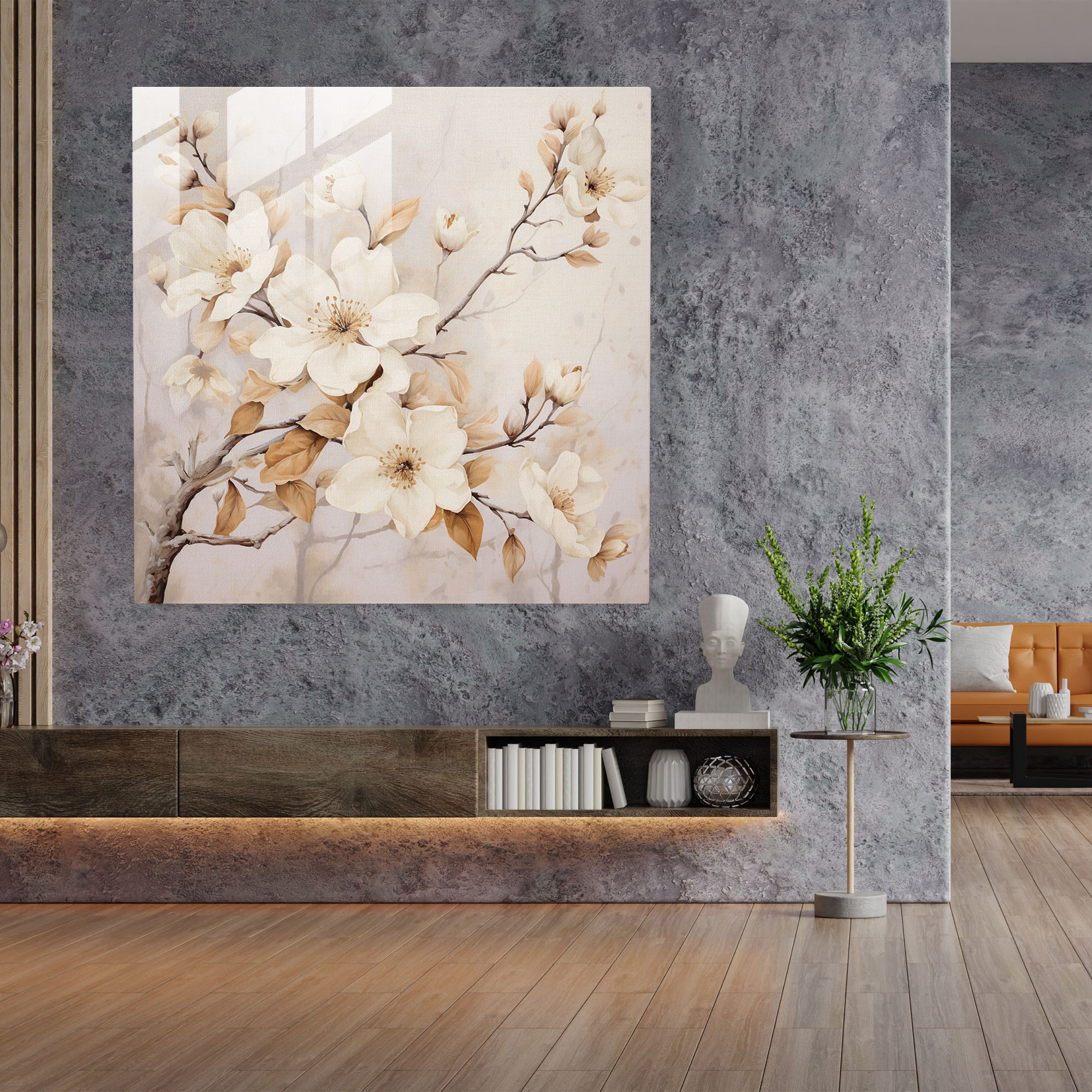 Beige Blossoms Glass Print - Beige, Glass Art, Glass Wall Art, Glass Print
