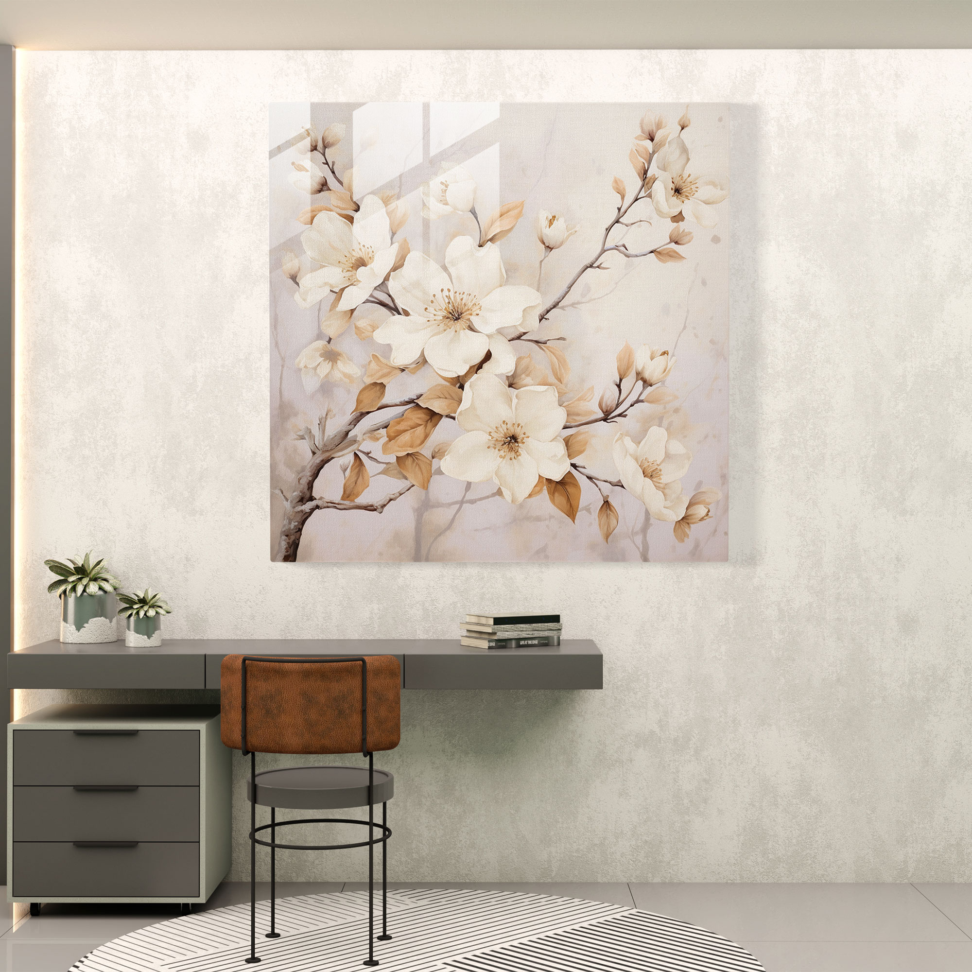 Beige Blossoms Glass Print - Beige, Glass Art, Glass Wall Art, Glass Print
