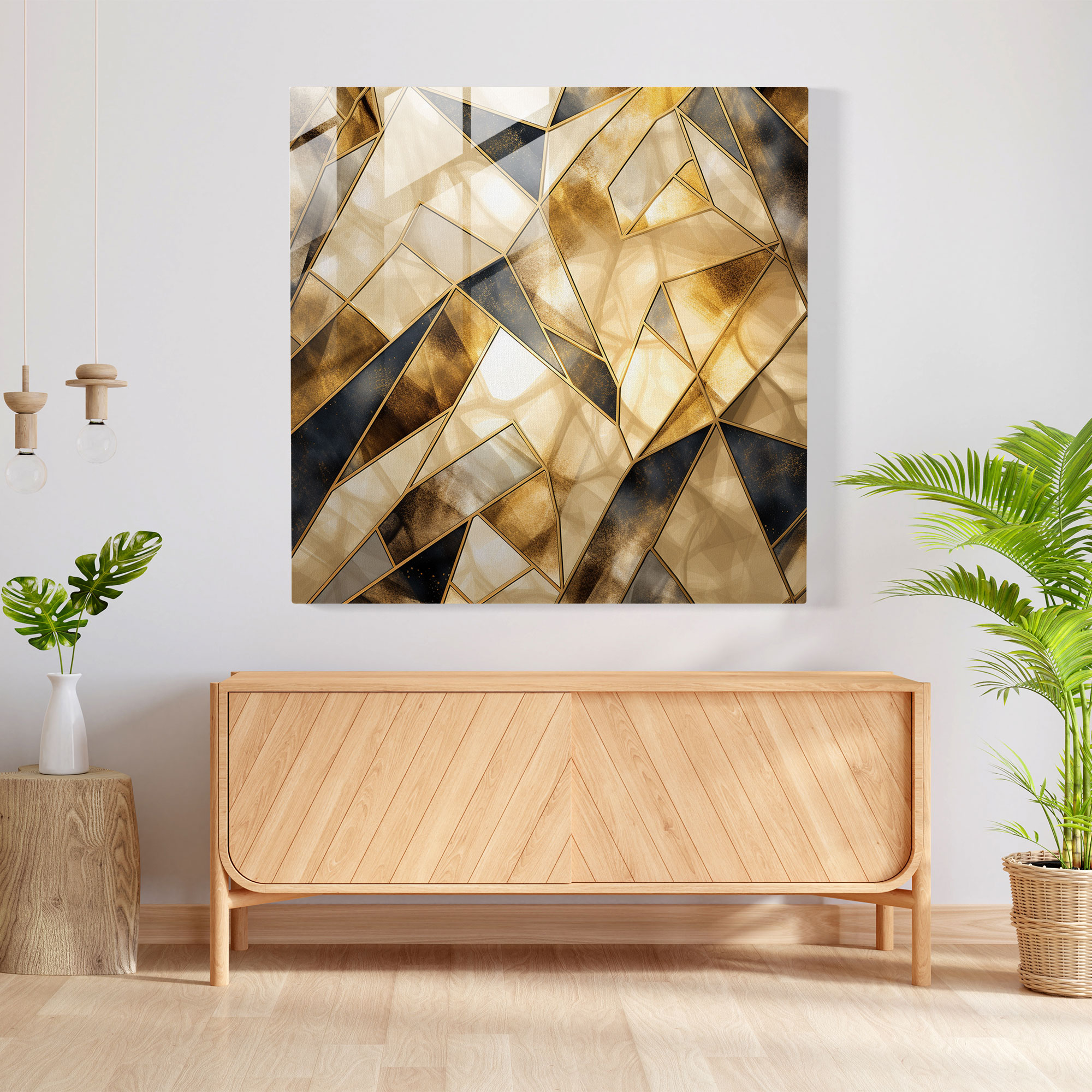 Beige And Gold Geometric Glass Print - Beige, Glass Art, Home Decoration, Wall Decoration