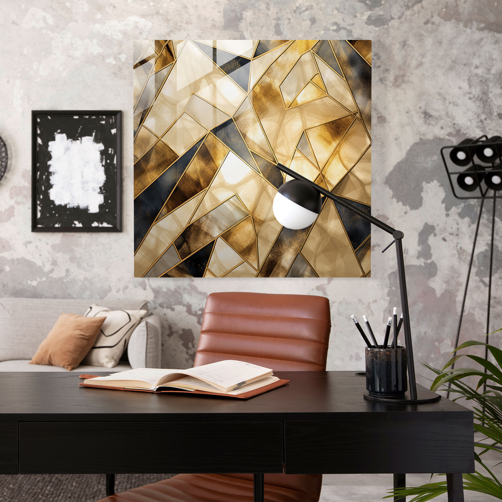 Beige And Gold Geometric Glass Print - Beige, Glass Art, Home Decoration, Wall Decoration