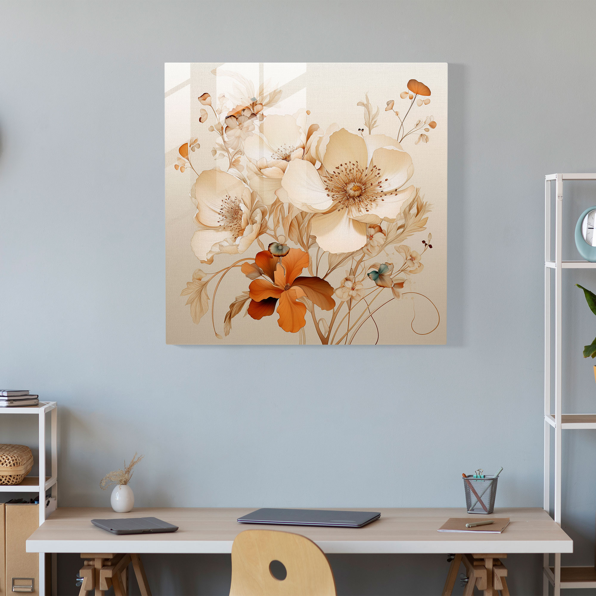 Beige Floral Glass Print - Beige, Glass Print, Modern Art, Glass Art