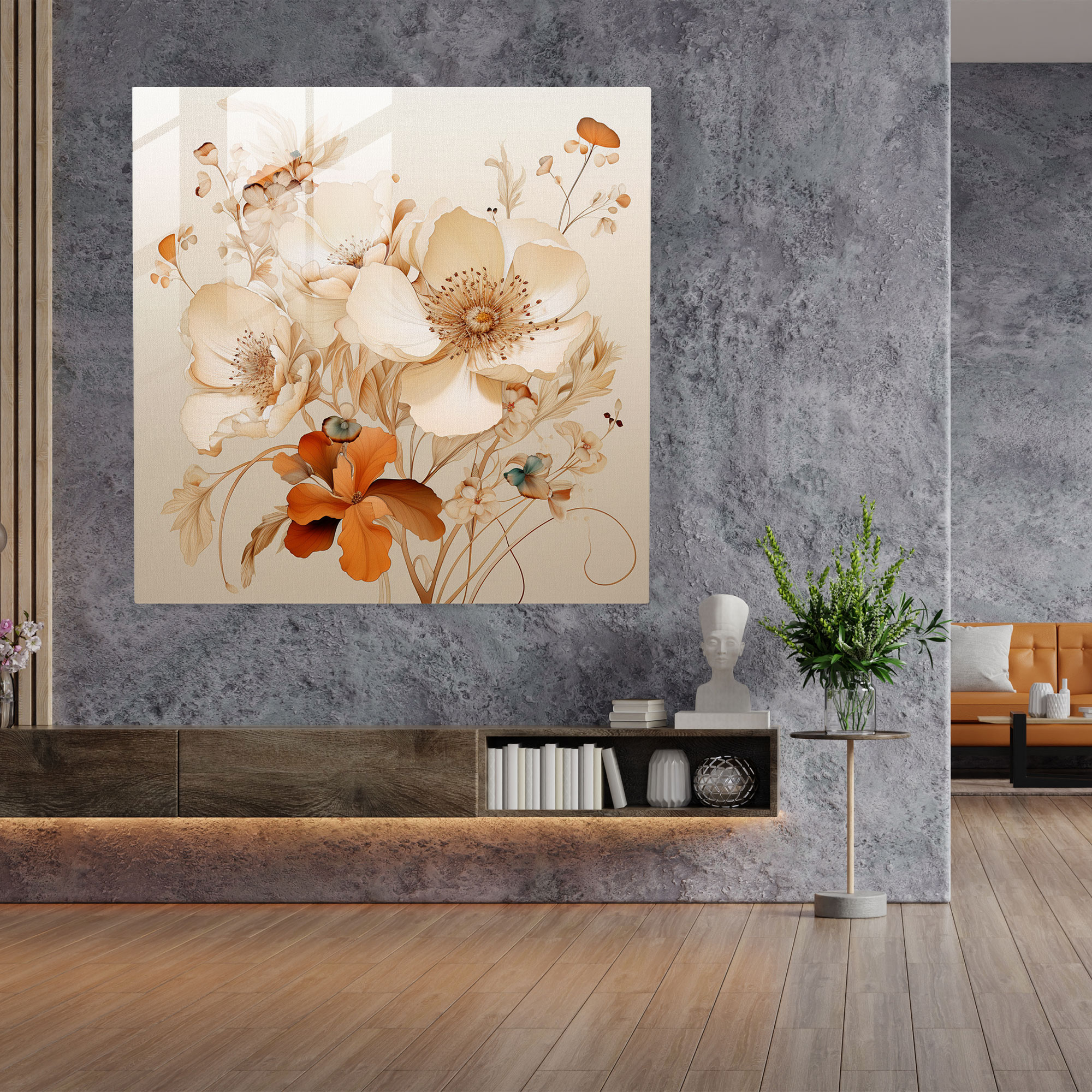 Beige Floral Glass Print - Beige, Glass Print, Modern Art, Glass Art