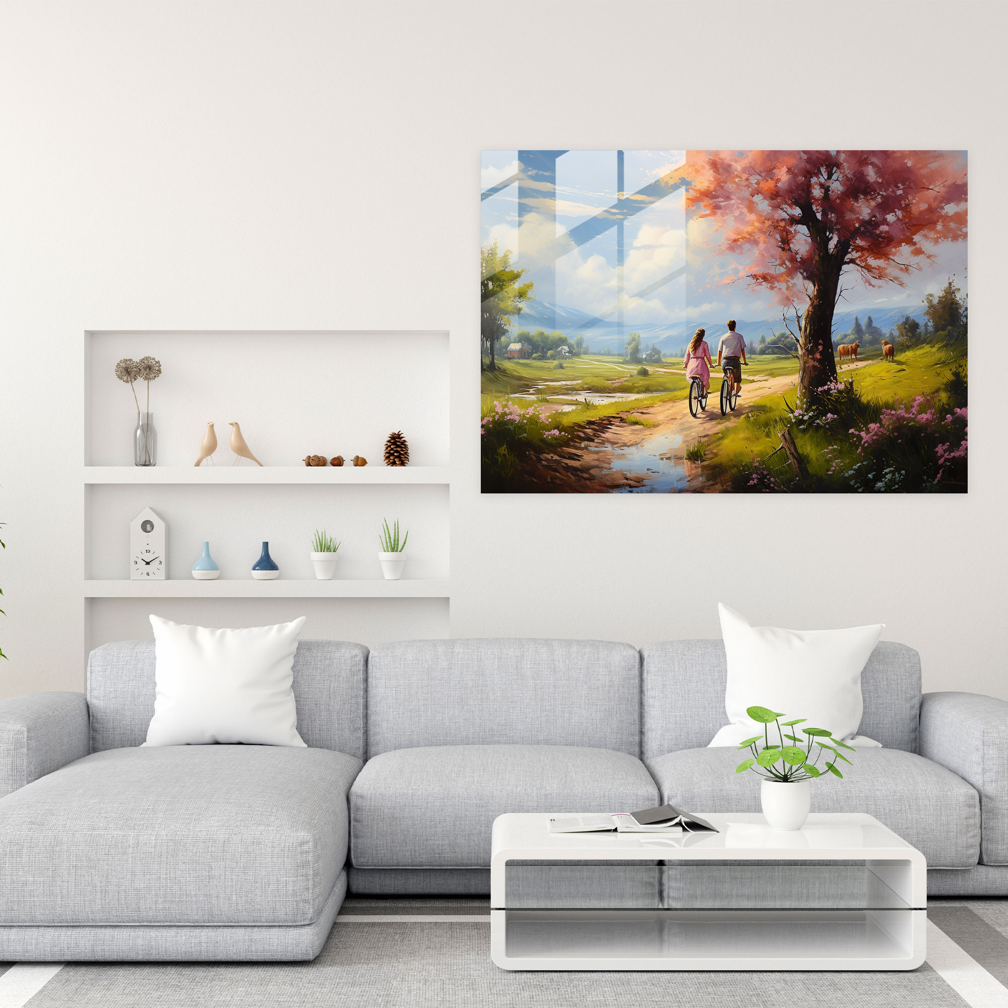Romantic Bicycle Glass Wall Art - Bicycle, Scenic Countryside, Oil Painting, Home Decoration