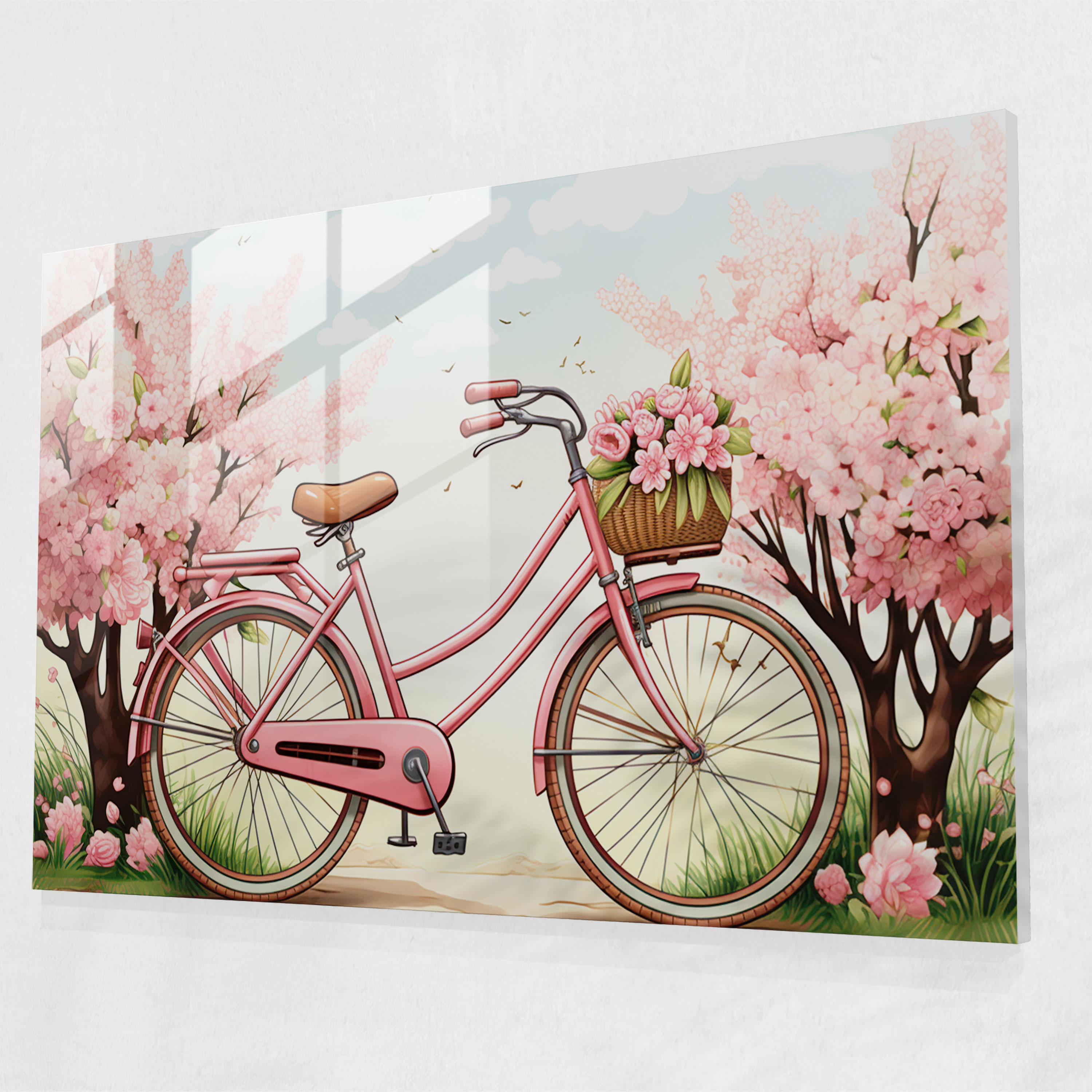 Vintage Bicycle Glass Print - Bicycle, Charming Countryside Setting, Wall Decoration, Blooming Flowers