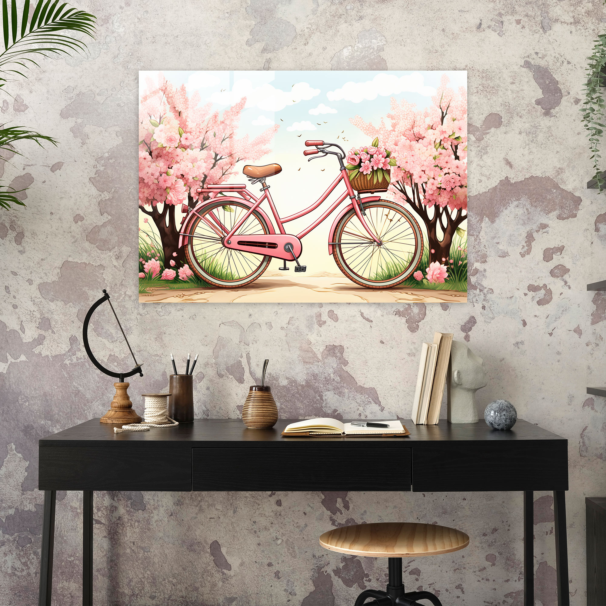 Vintage Bicycle Glass Print - Bicycle, Charming Countryside Setting, Wall Decoration, Blooming Flowers