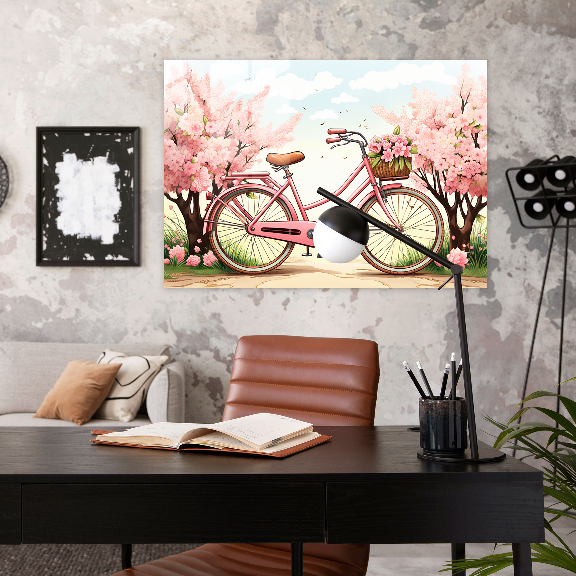 Vintage Bicycle Glass Print - Bicycle, Charming Countryside Setting, Wall Decoration, Blooming Flowers