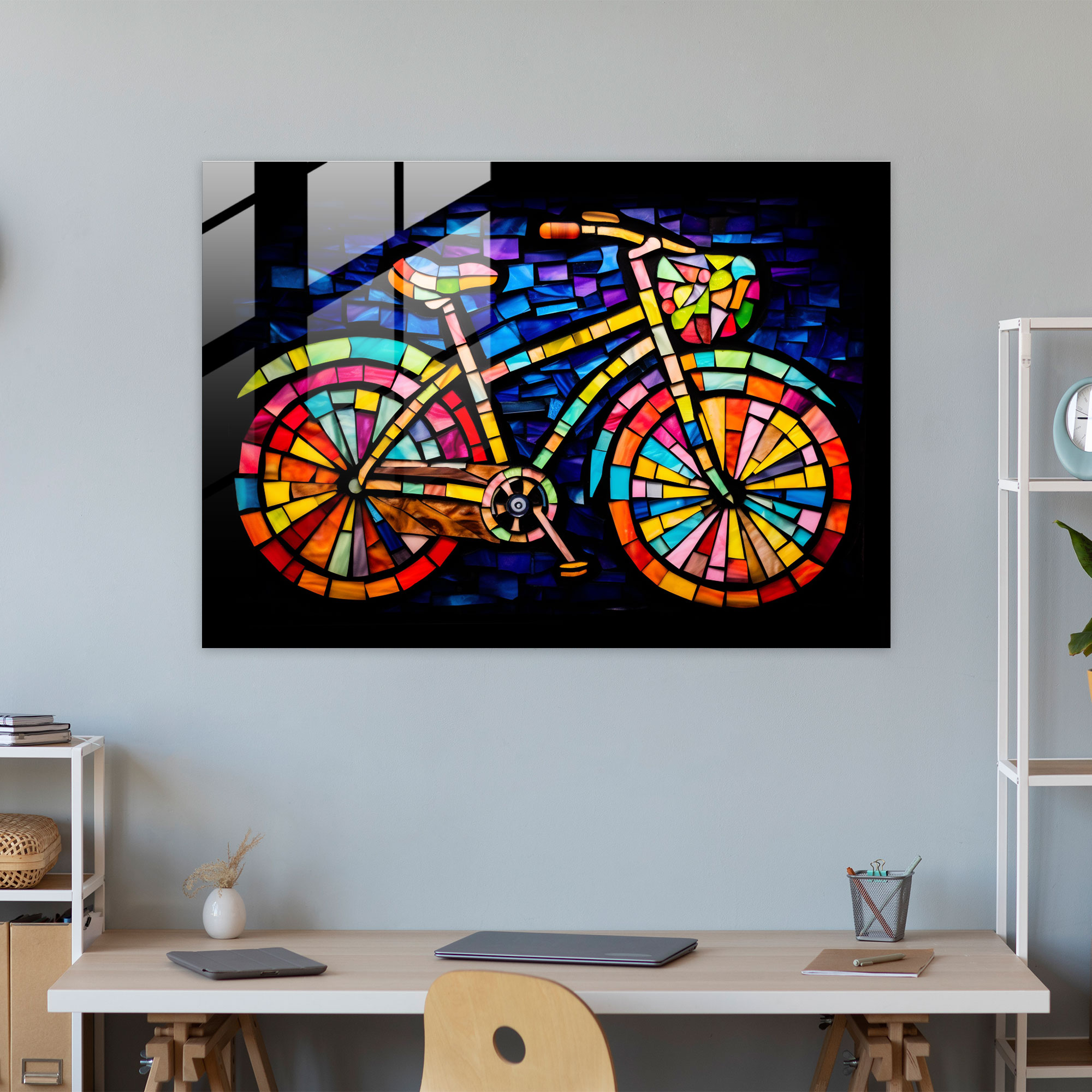 Stained Glass Bicycle Glass Wall Art - Bicycle, Modern Art, Colorful Glass Pieces, Glass Print