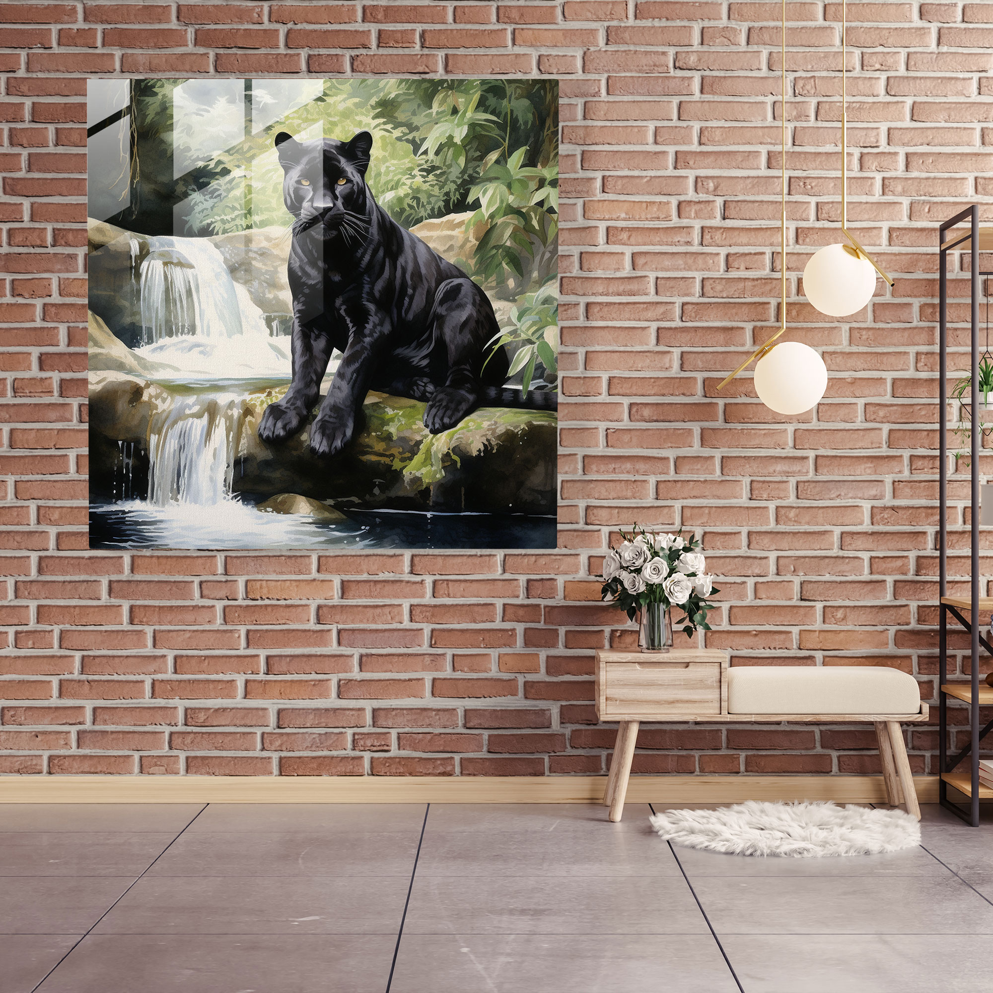 Tranquil Black Panther Glass Print - Black Panther, Watercolor Painting, Beauty, Wall Decoration