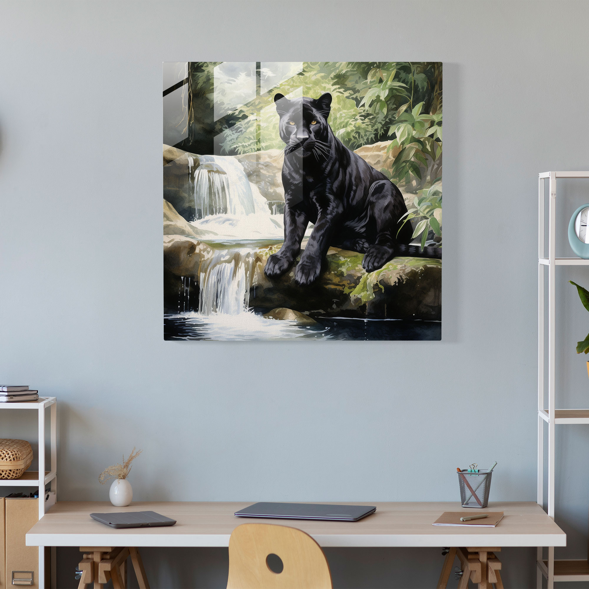 Tranquil Black Panther Glass Print - Black Panther, Watercolor Painting, Beauty, Wall Decoration