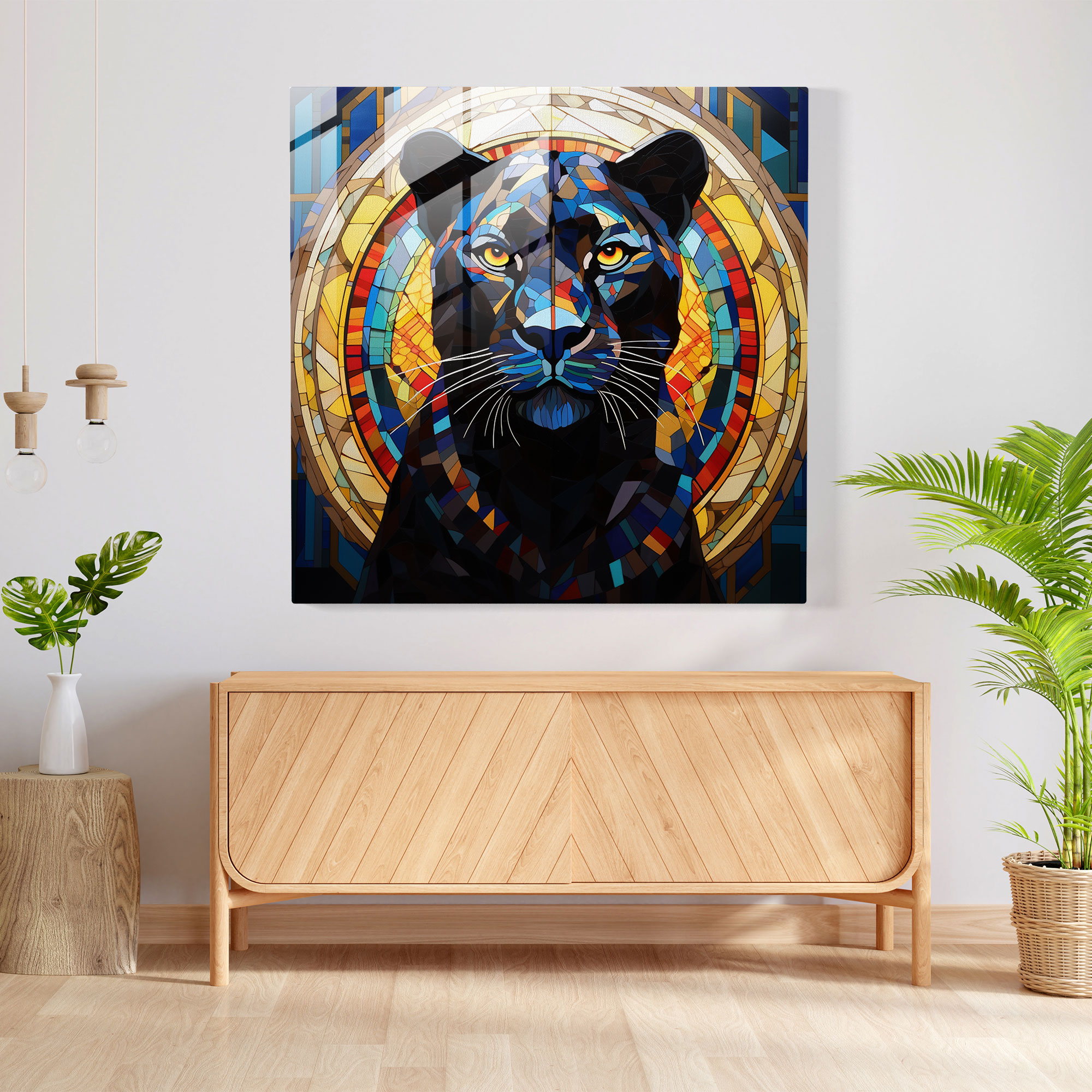 Elegant Panther Mosaic Glass Print - Black Panther, Stained Glass Mosaic, Sophistication, Black Panther