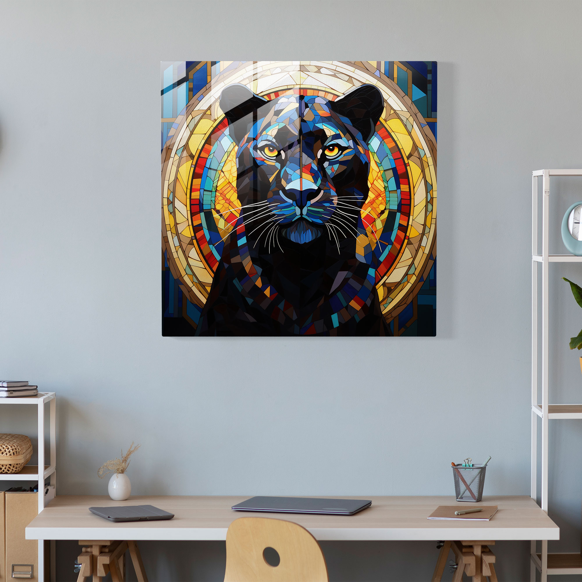 Elegant Panther Mosaic Glass Print - Black Panther, Stained Glass Mosaic, Sophistication, Black Panther