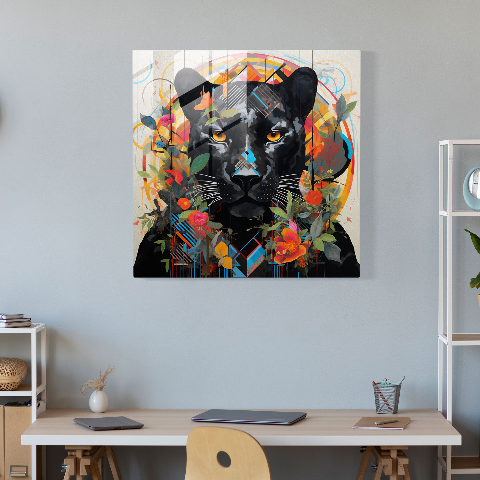 Vibrant Panther Collage Glass Print - Black Panther, Glass Print, Vibrant Patterns, Modern Art