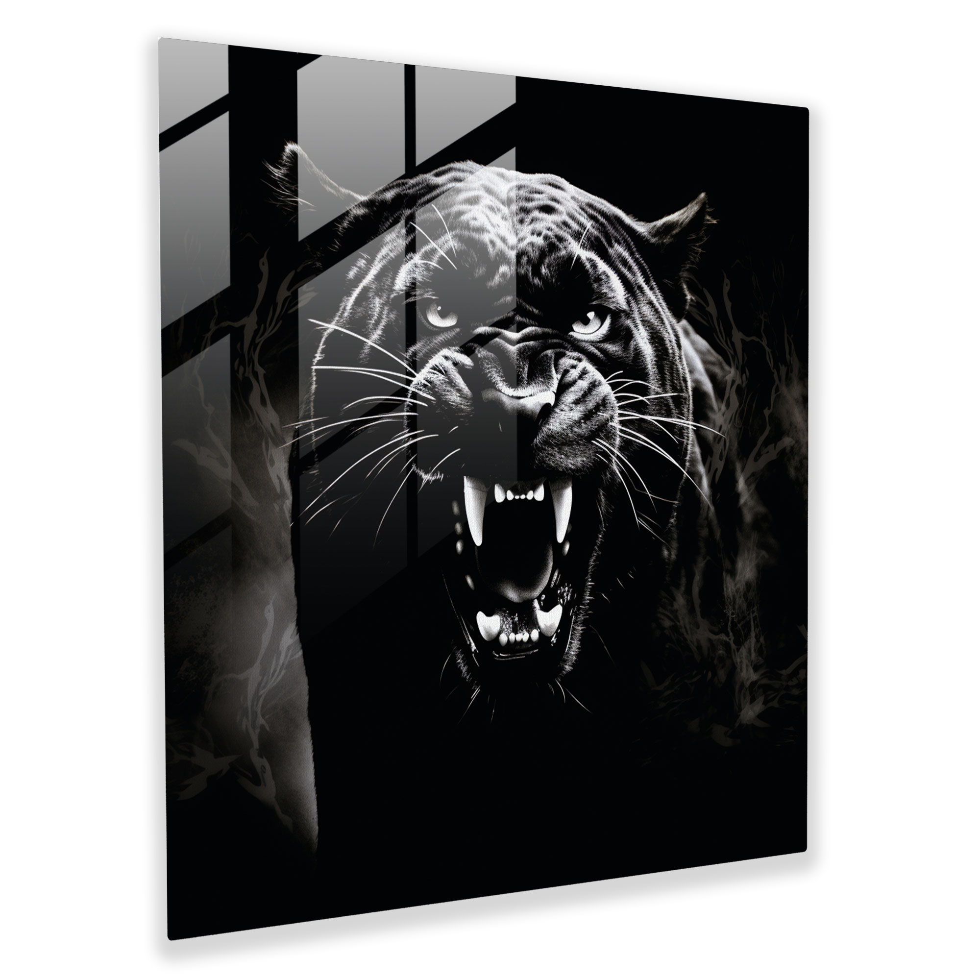 Mysterious Roaring Black Panther Glass Print - Black Panther, Glass Wall Art, Glass Print, Moonlight