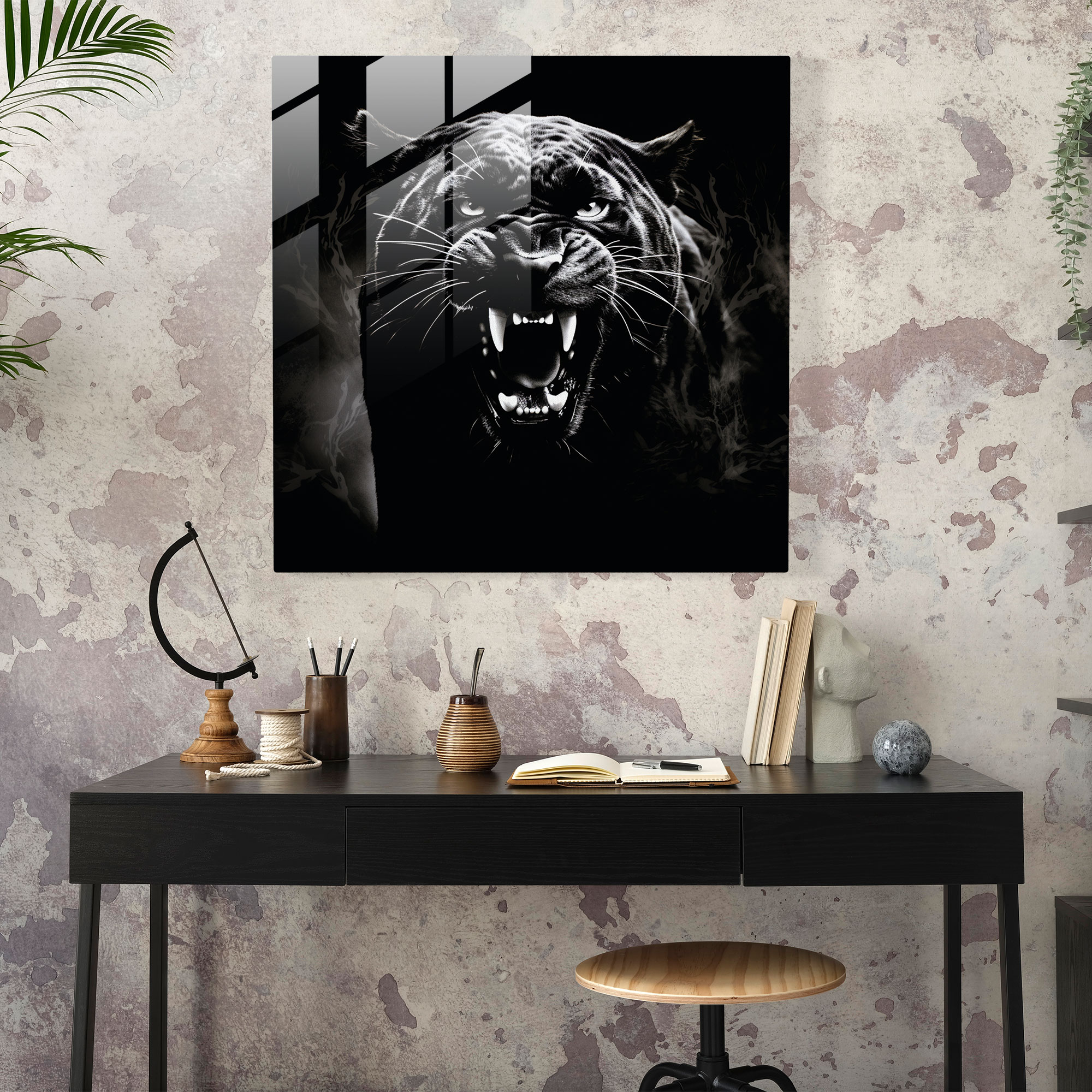 Mysterious Roaring Black Panther Glass Print - Black Panther, Glass Wall Art, Glass Print, Moonlight