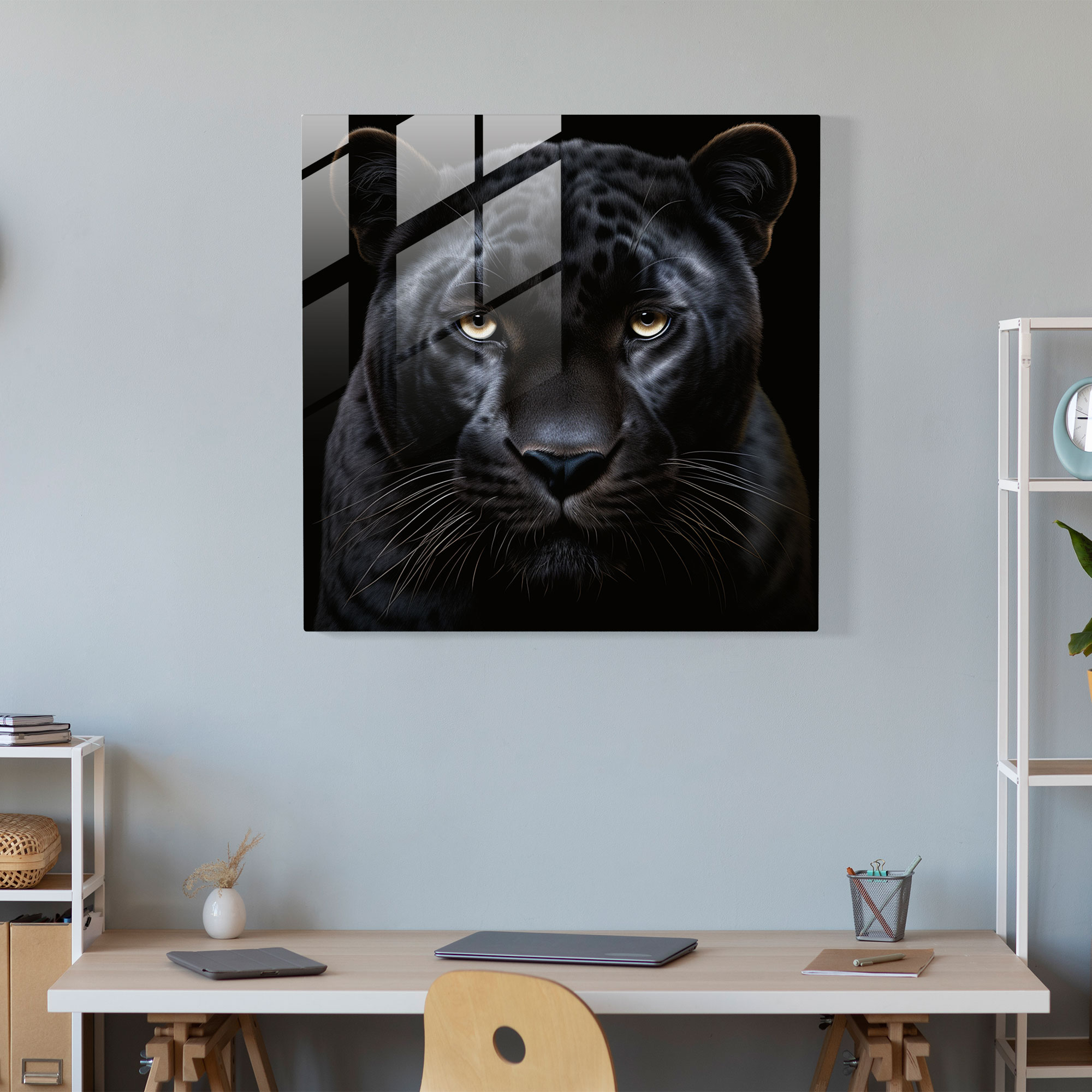 Majestic Presence Black Panther Glass Print - Black Panther, Intense Gaze, Black Panther, Glass Art
