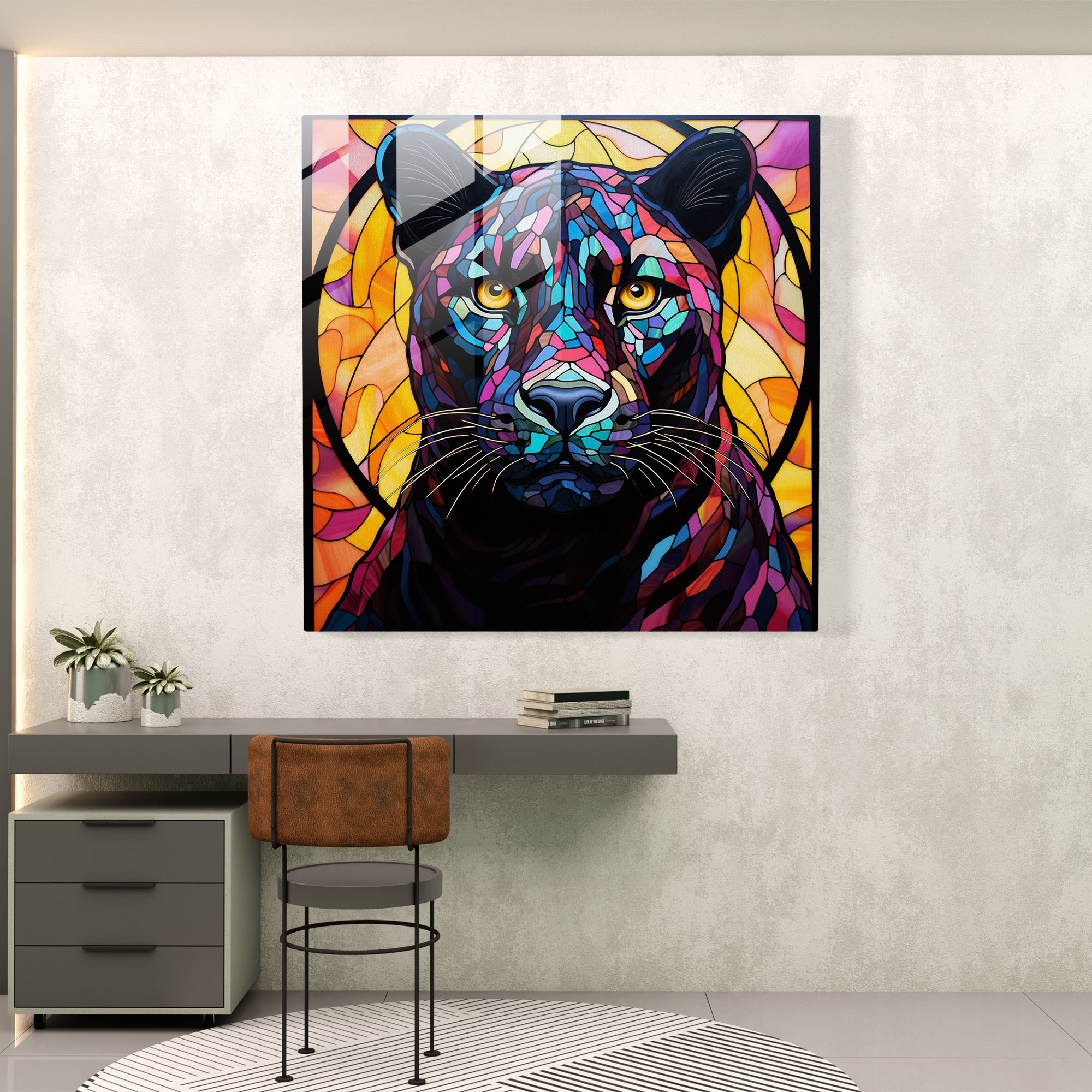 Vibrant Black Panther Stained Glass Print - Black Panther, Glass Print, Black Panther, Wall Decoration