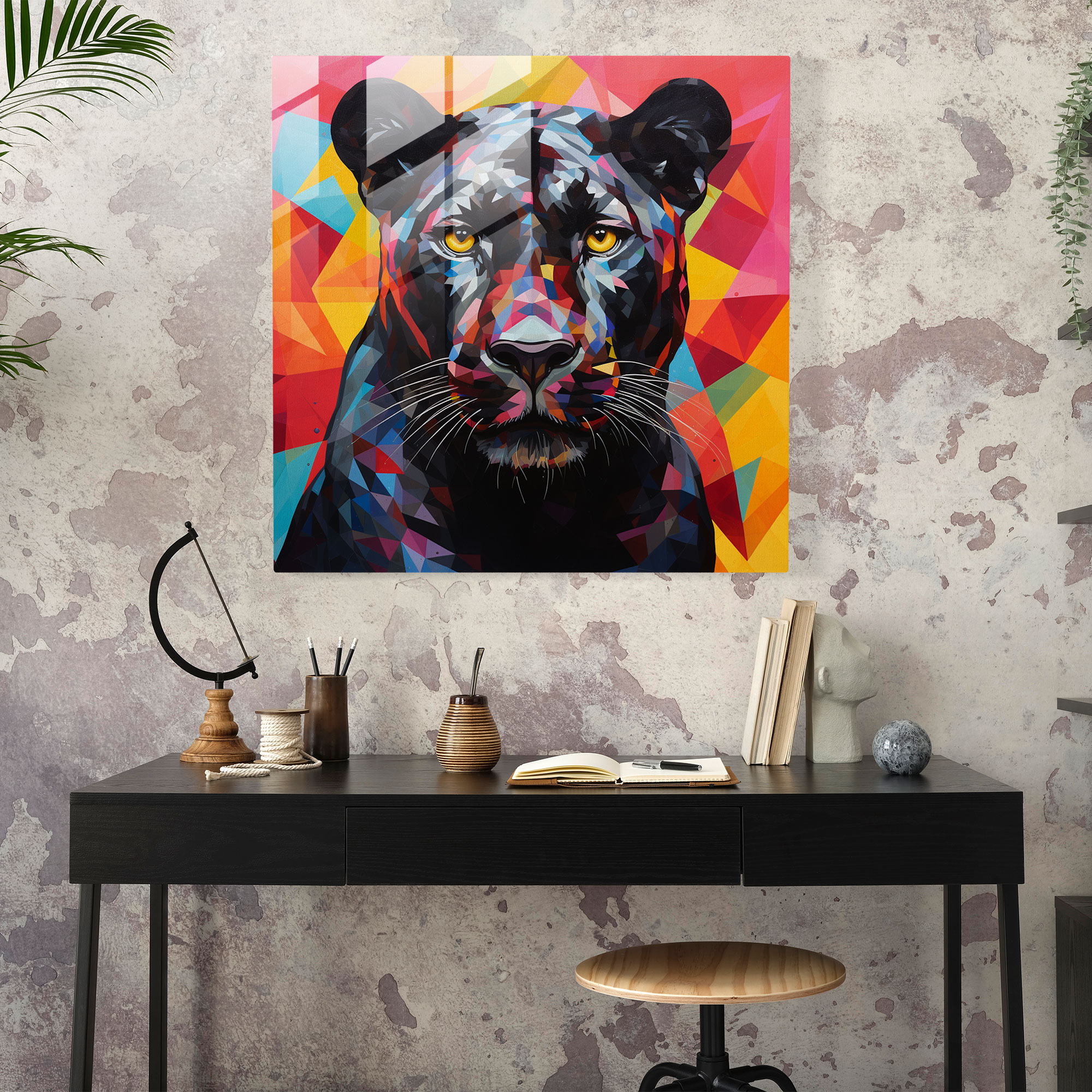 Geometric Panther Glass Print - Black Panther, Triangles, Glass Print, Glass Wall Art