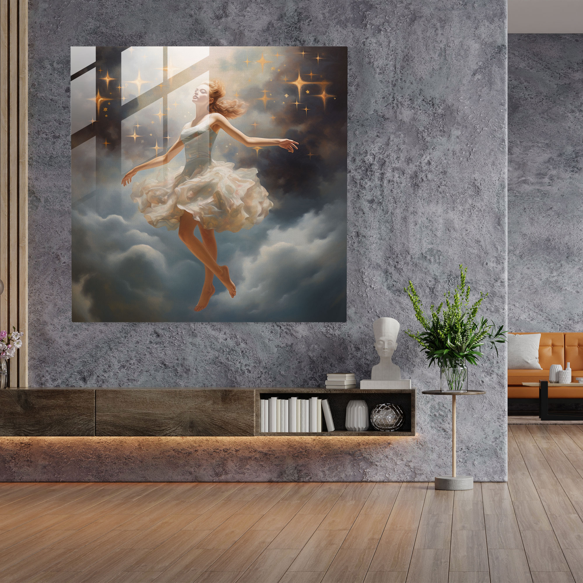 Ballerina Dreamscape Glass Print - Ballerina, Glass Print, Home Decoration, Clouds