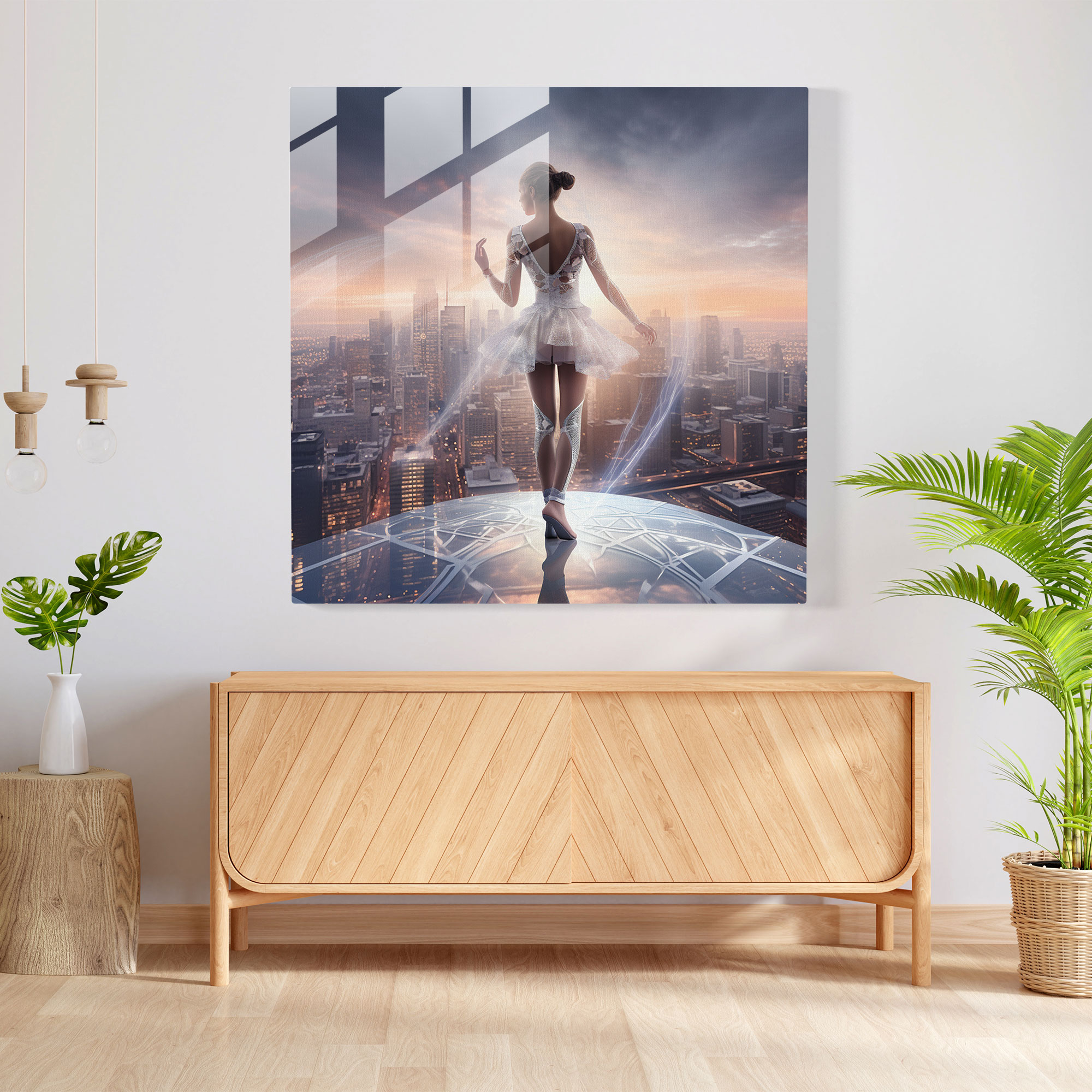 Futuristic Ballerina Glass Print - Ballerina, Futuristic Cityscape, Ballerina, Visually Stunning