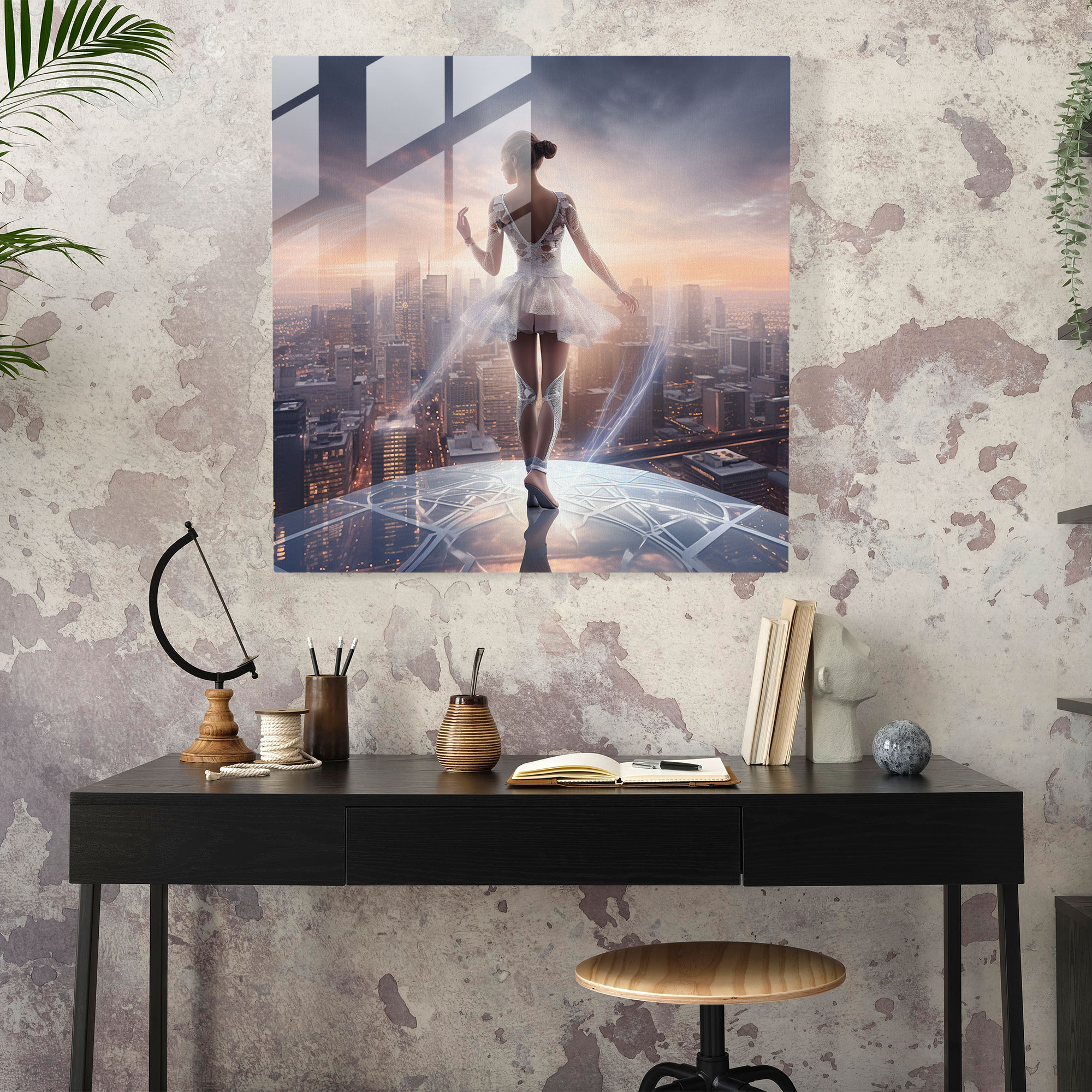 Futuristic Ballerina Glass Print - Ballerina, Futuristic Cityscape, Ballerina, Visually Stunning