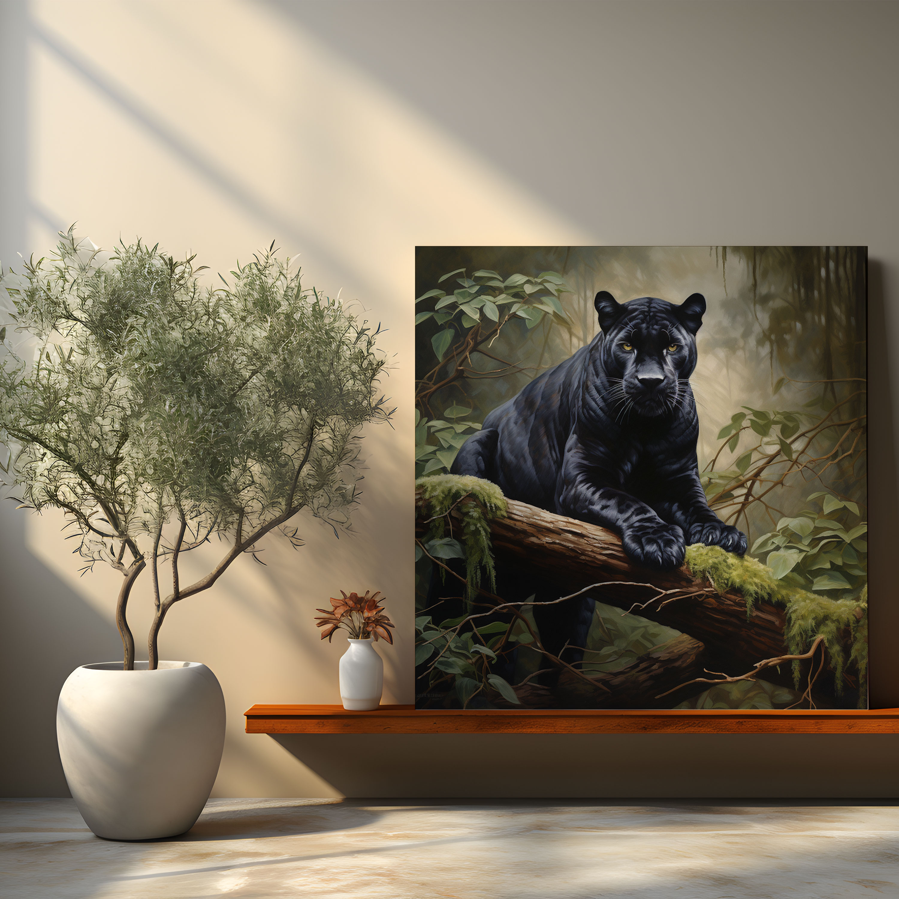 Black Panther Wall Art - Regal Panther On Moss-Covered Tree Branch - Black Panther, Canvas Print, Wall Art, Realistic Oil Painting