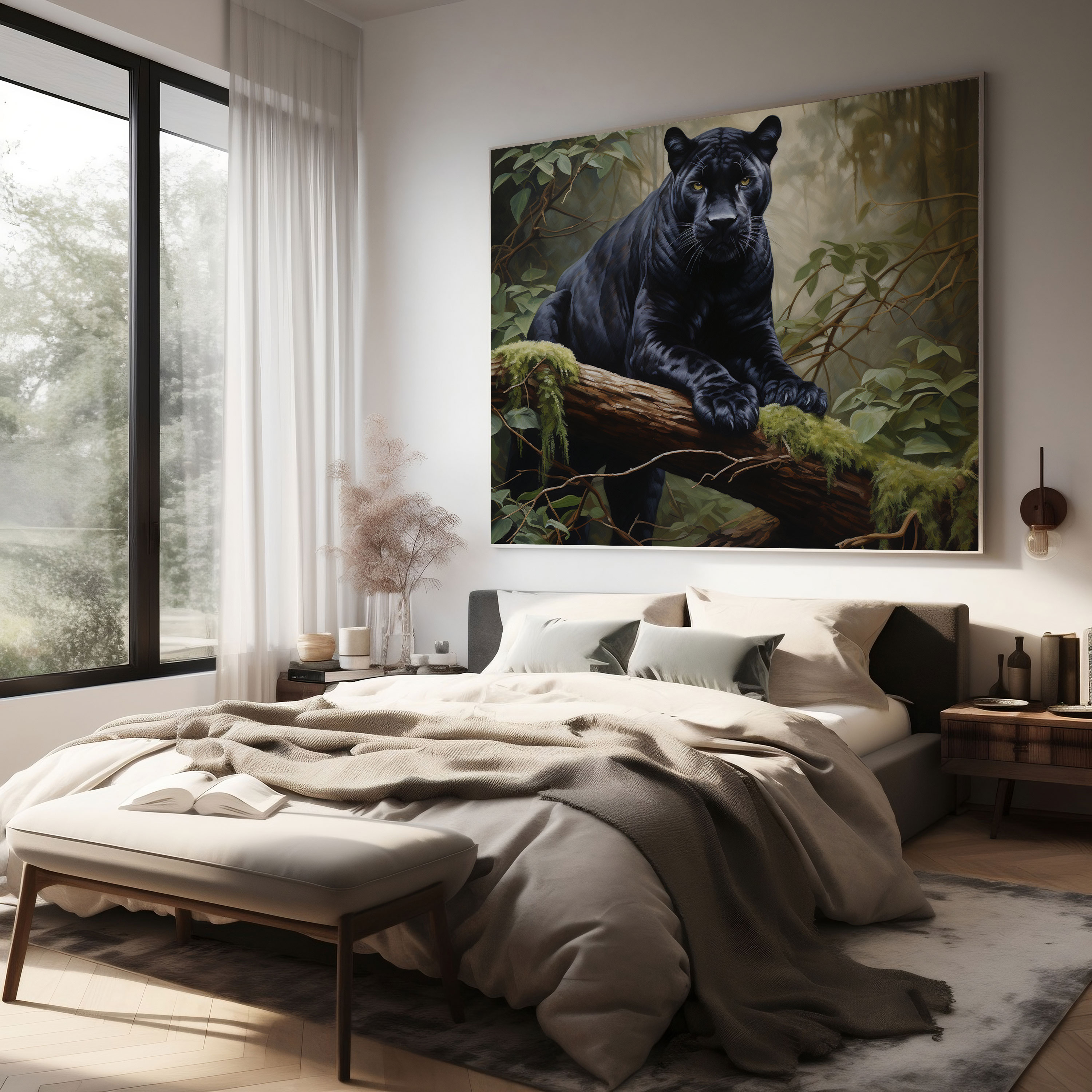 Black Panther Wall Art - Regal Panther On Moss-Covered Tree Branch - Black Panther, Canvas Print, Wall Art, Realistic Oil Painting
