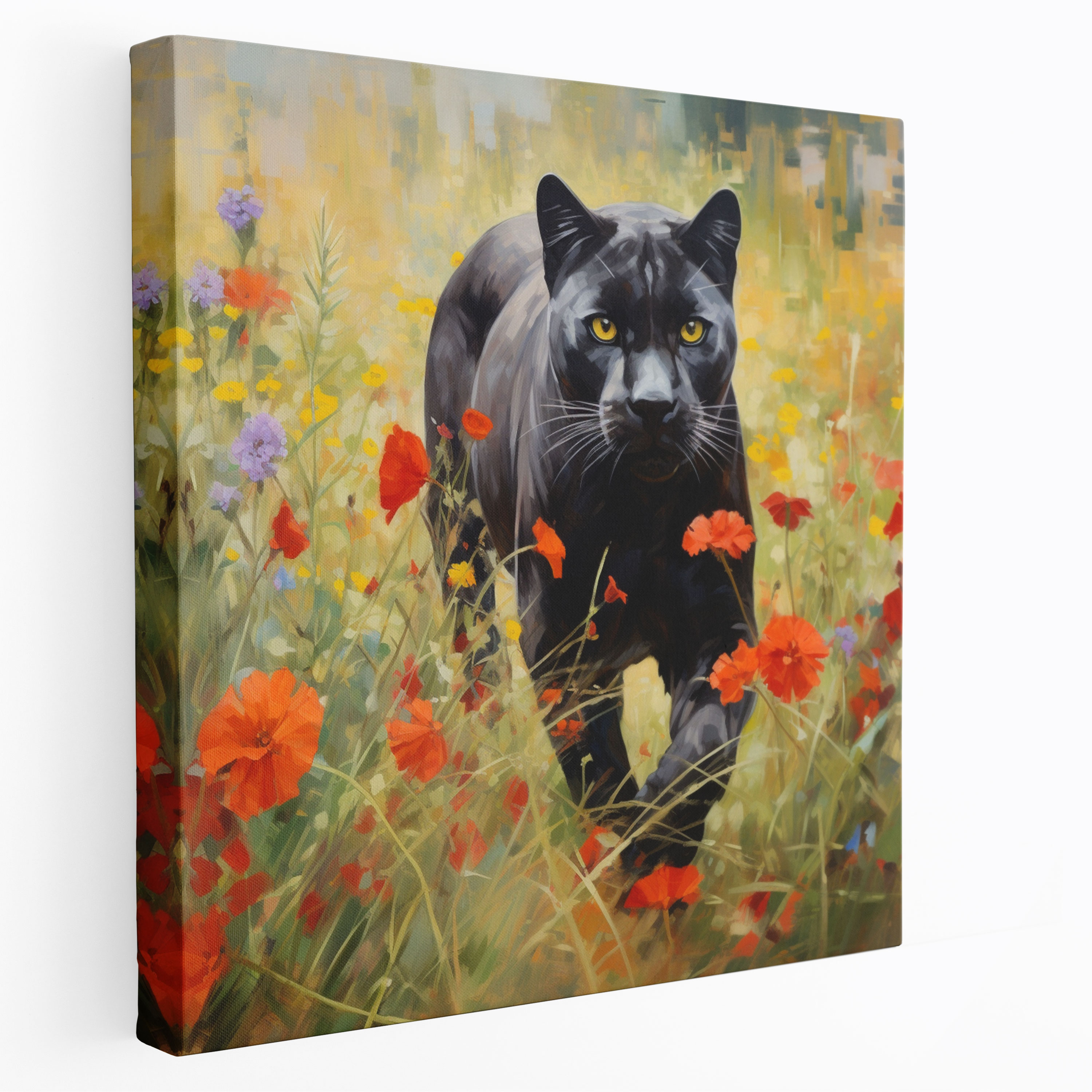 Black Panther Wall Decoration - Dreamy Panther In Field Of Wildflowers - Black Panther, Impressionist Painting, Canvas Print, Home Decoration