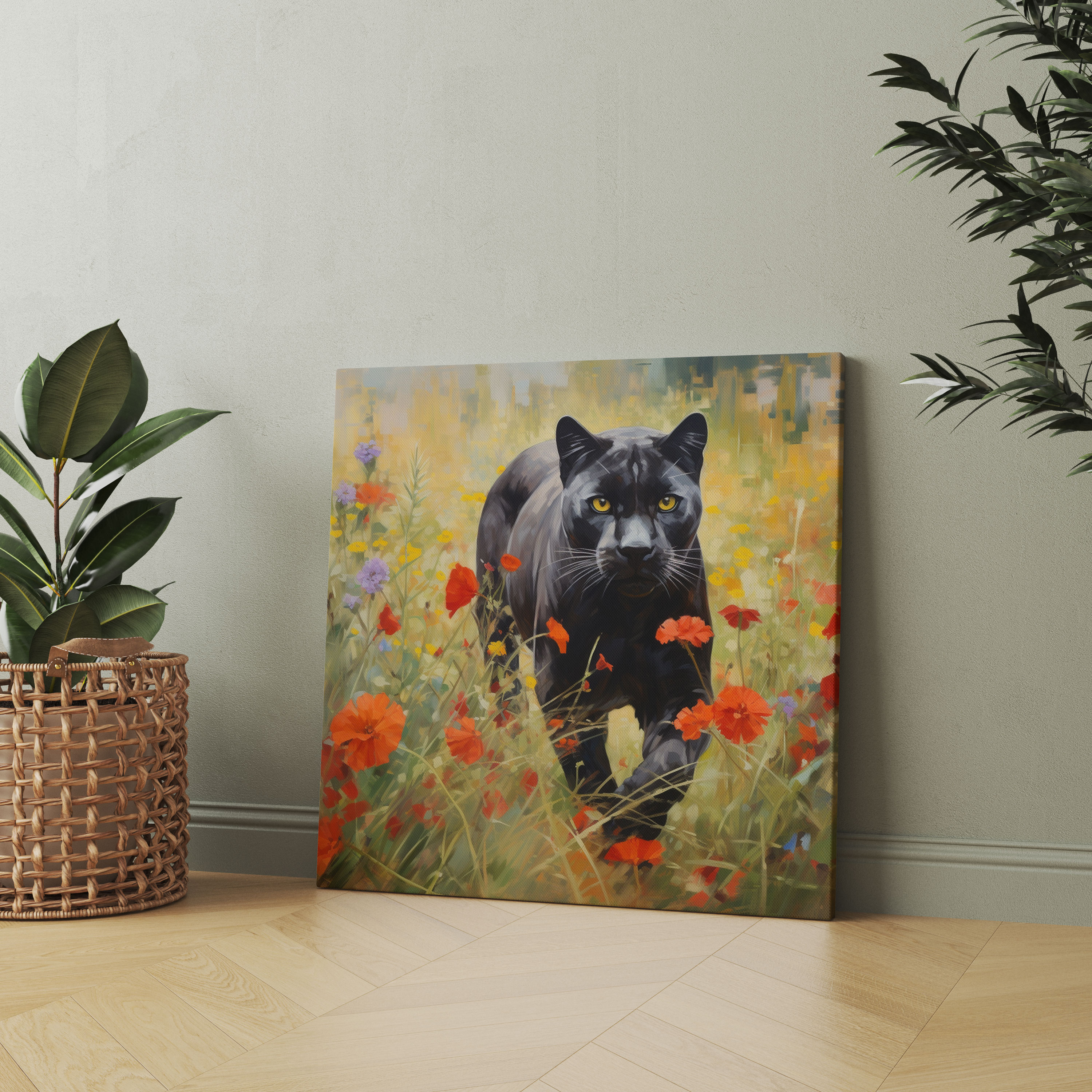 Black Panther Wall Decoration - Dreamy Panther In Field Of Wildflowers - Black Panther, Impressionist Painting, Canvas Print, Home Decoration