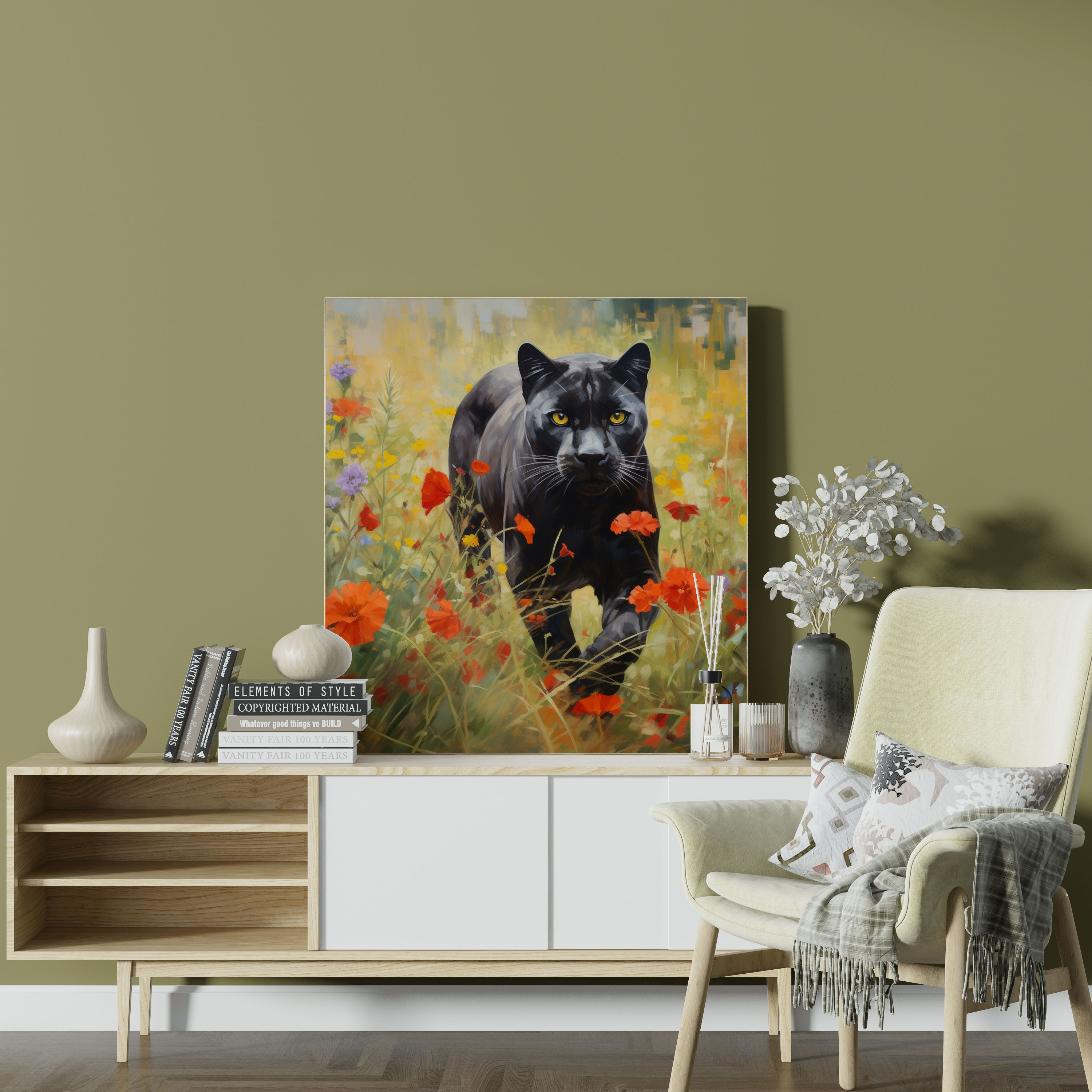Black Panther Wall Decoration - Dreamy Panther In Field Of Wildflowers - Black Panther, Impressionist Painting, Canvas Print, Home Decoration