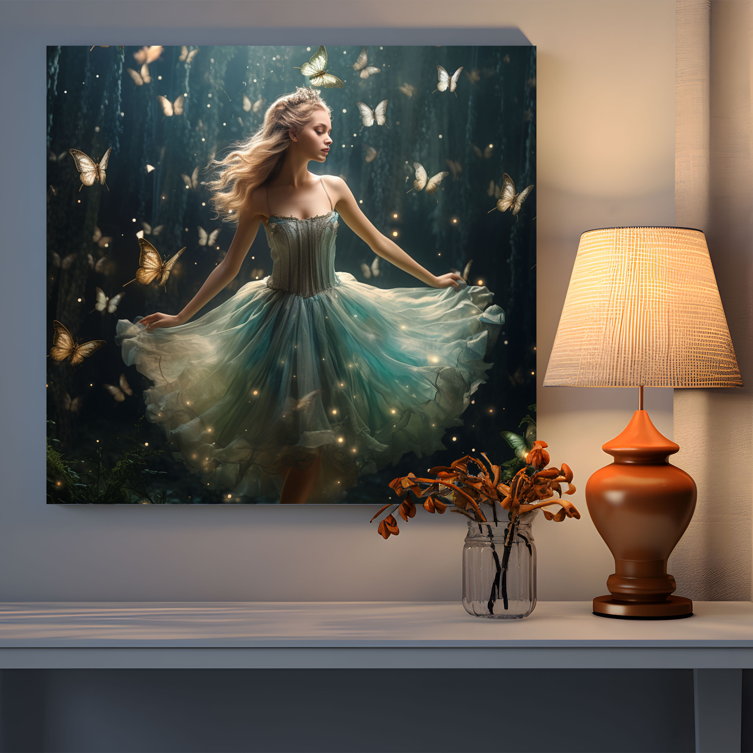 Enchanted Ballet Forest Digital Canvas Print - Ballerina, Canvas Print, Delicate Butterflies, Magical World