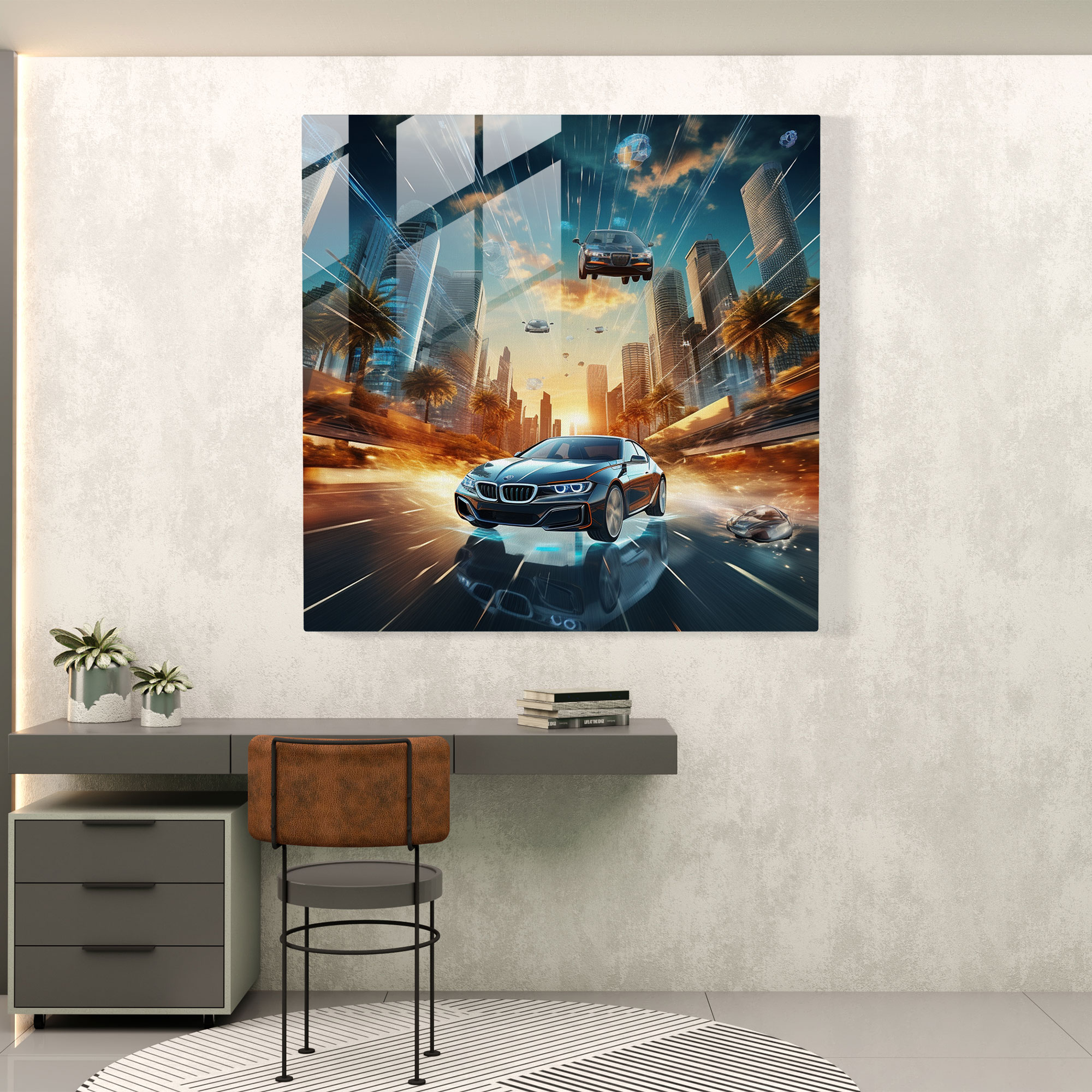 Bmw Glass Print - Futuristic City - Bmw, Modern Art, Flying Above, Digital Art Creation