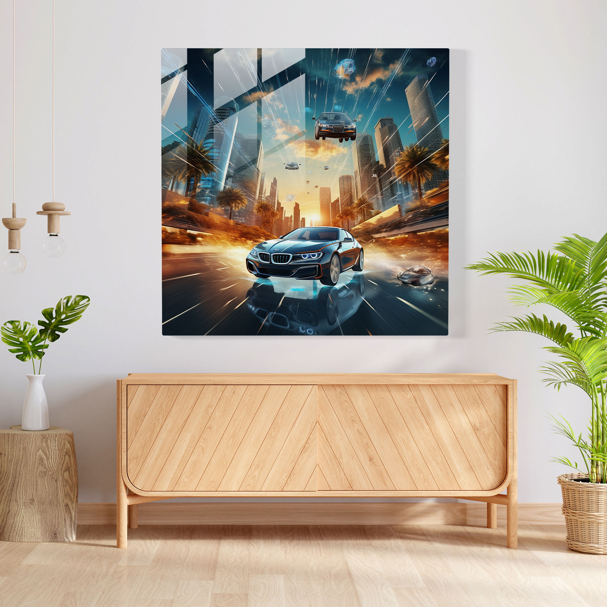 Bmw Glass Print - Futuristic City - Bmw, Modern Art, Flying Above, Digital Art Creation