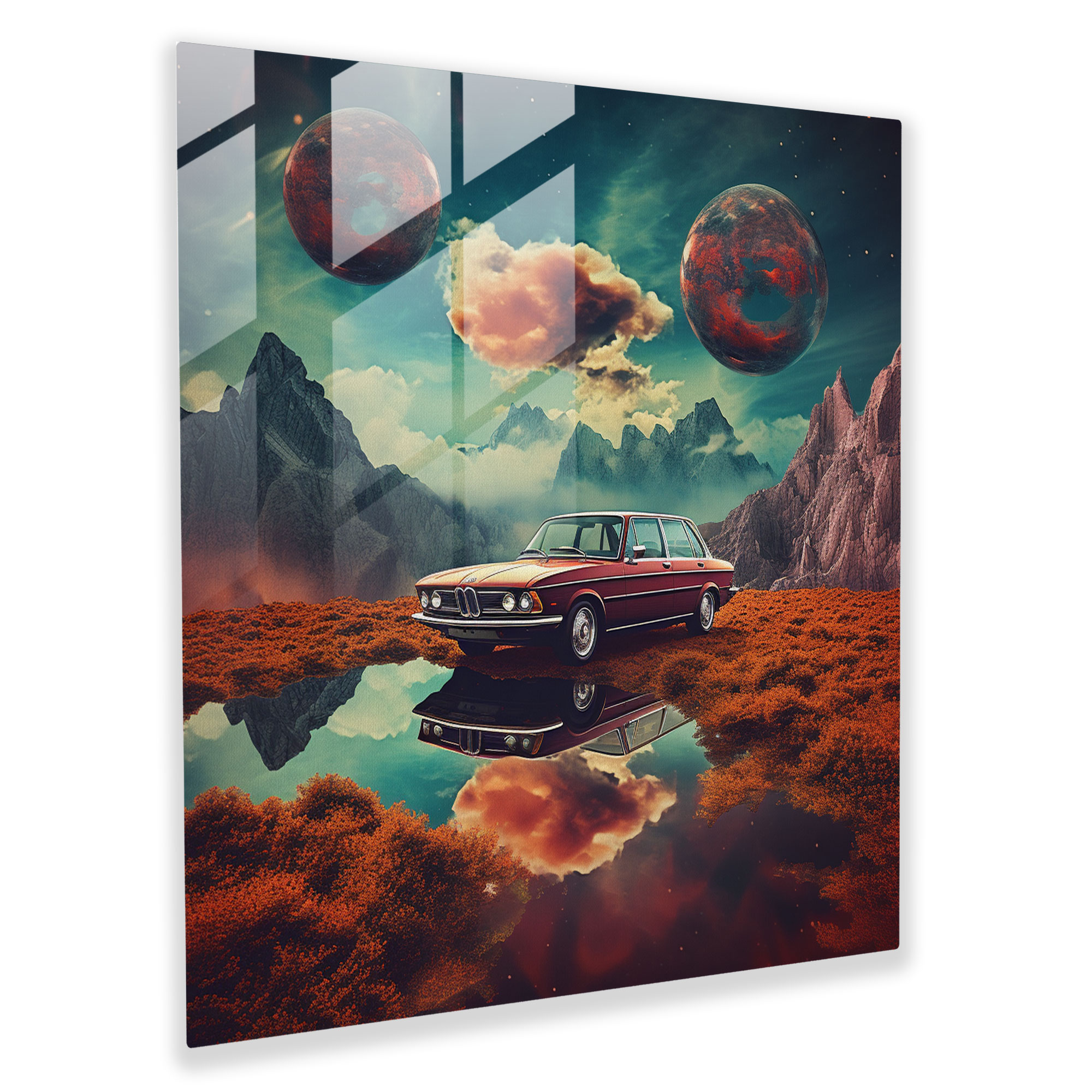 Bmw Dreamlike Journey Glass Print - Bmw, Wall Decoration, Glass Art, Surreal Digital Artwork