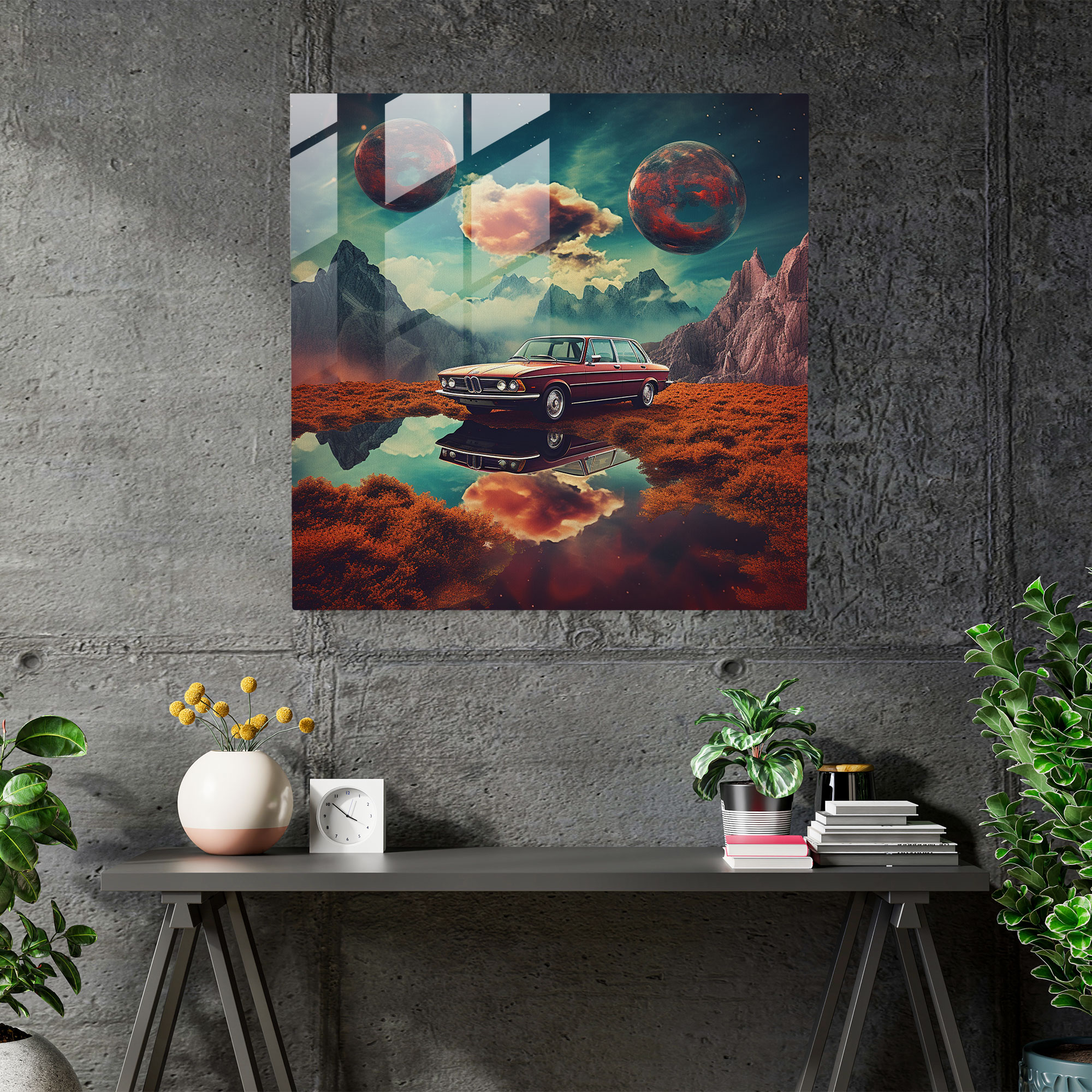 Bmw Dreamlike Journey Glass Print - Bmw, Wall Decoration, Glass Art, Surreal Digital Artwork