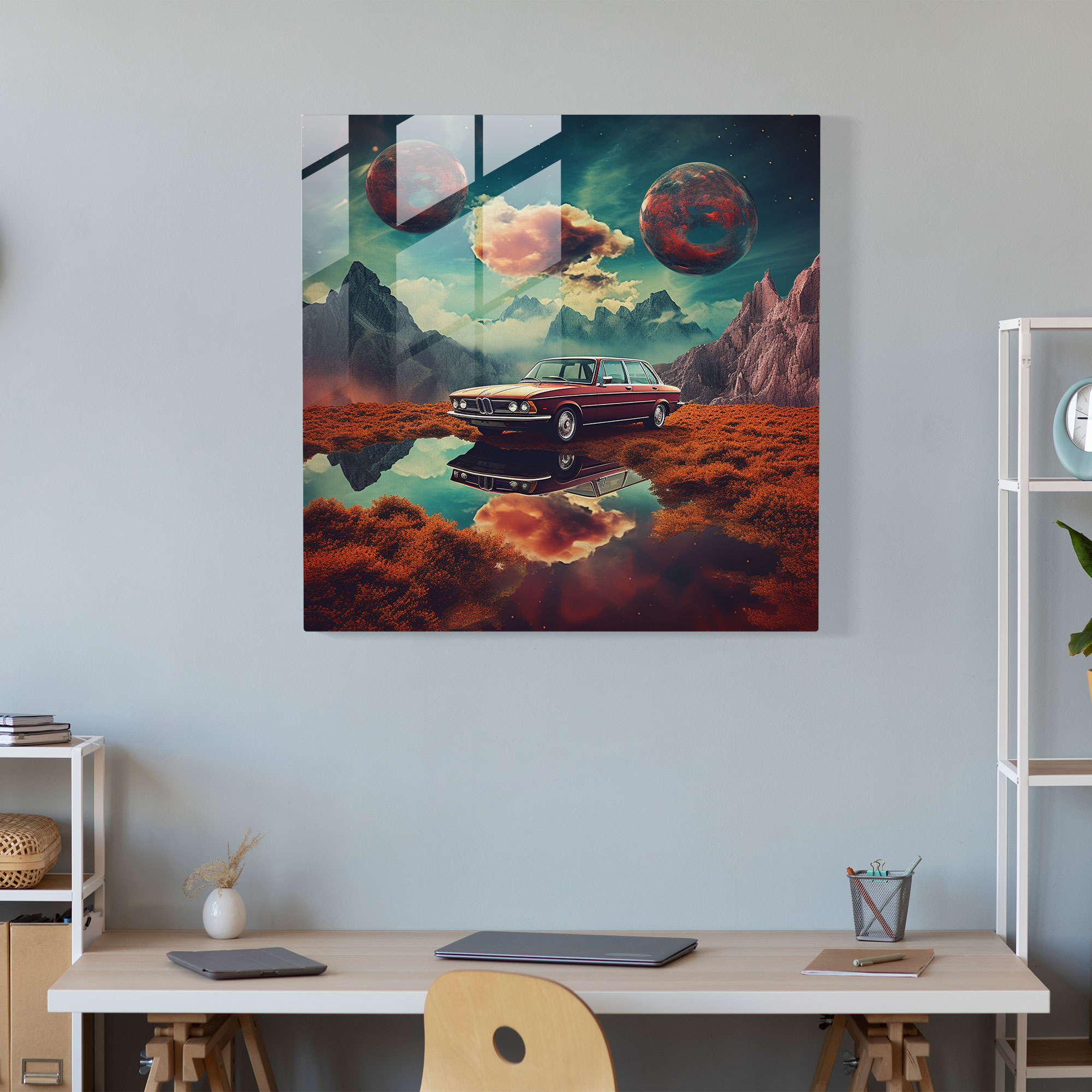 Bmw Dreamlike Journey Glass Print - Bmw, Wall Decoration, Glass Art, Surreal Digital Artwork