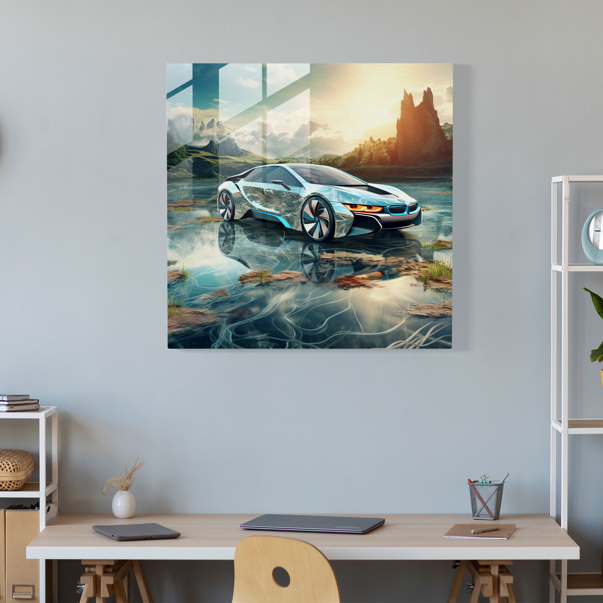 Bmw Serene Glass Print - Bmw, Sustainability, Modern Art, Wall Decoration