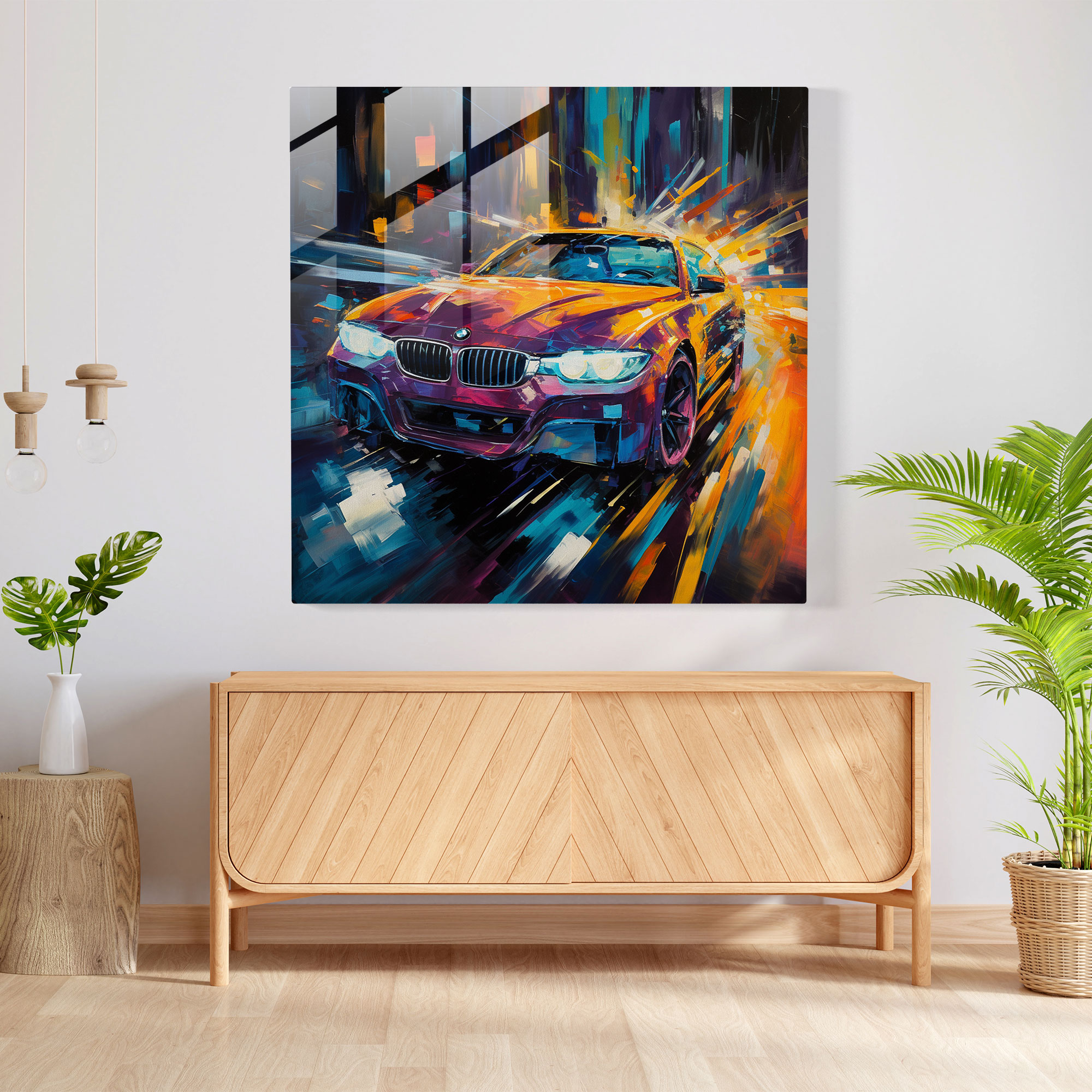 Bmw Abstract Glass Print - Bmw, Home Decoration, Oil Painting, Modern Art