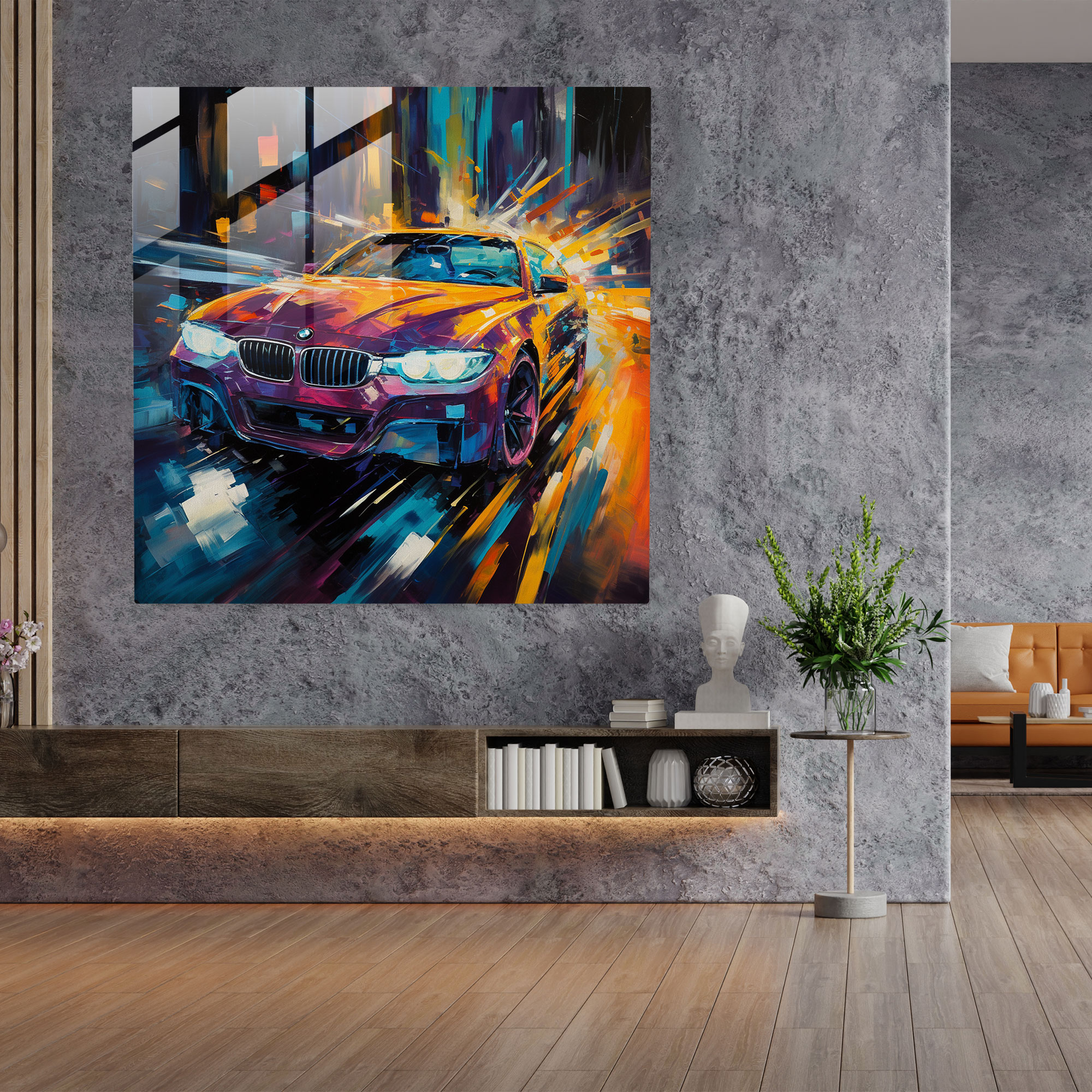 Bmw Abstract Glass Print - Bmw, Home Decoration, Oil Painting, Modern Art