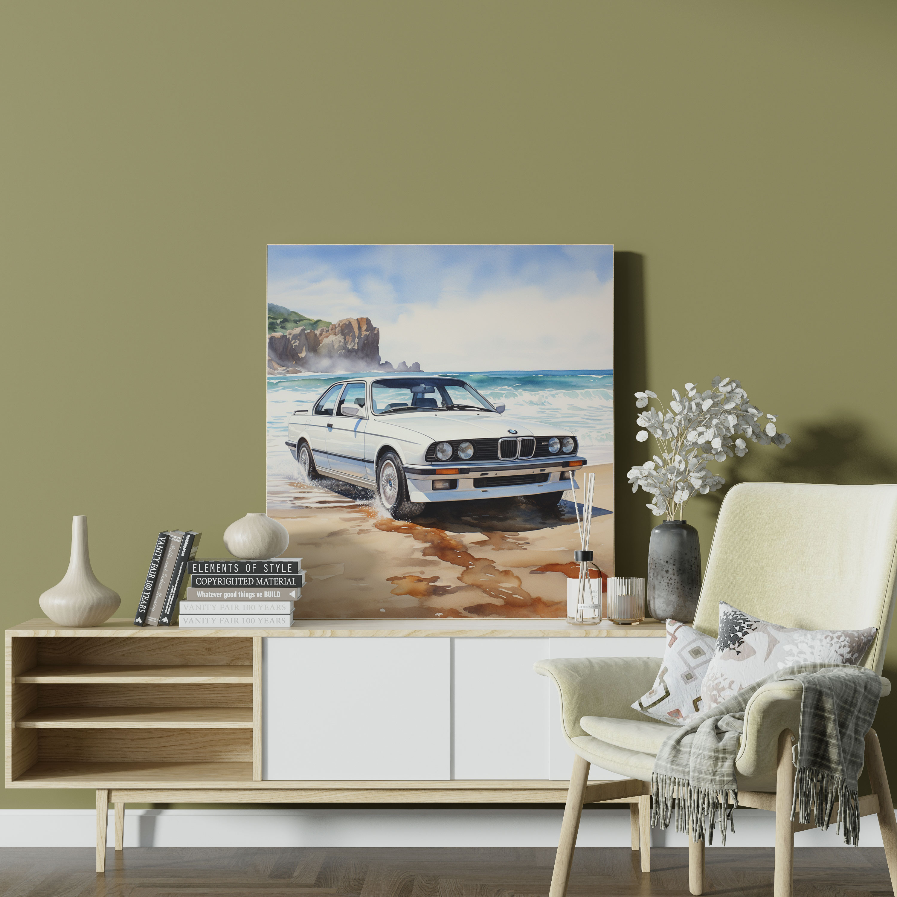 Beach Bmw Canvas Print - Bmw, Serene Beauty, Wall Art, Watercolor Painting