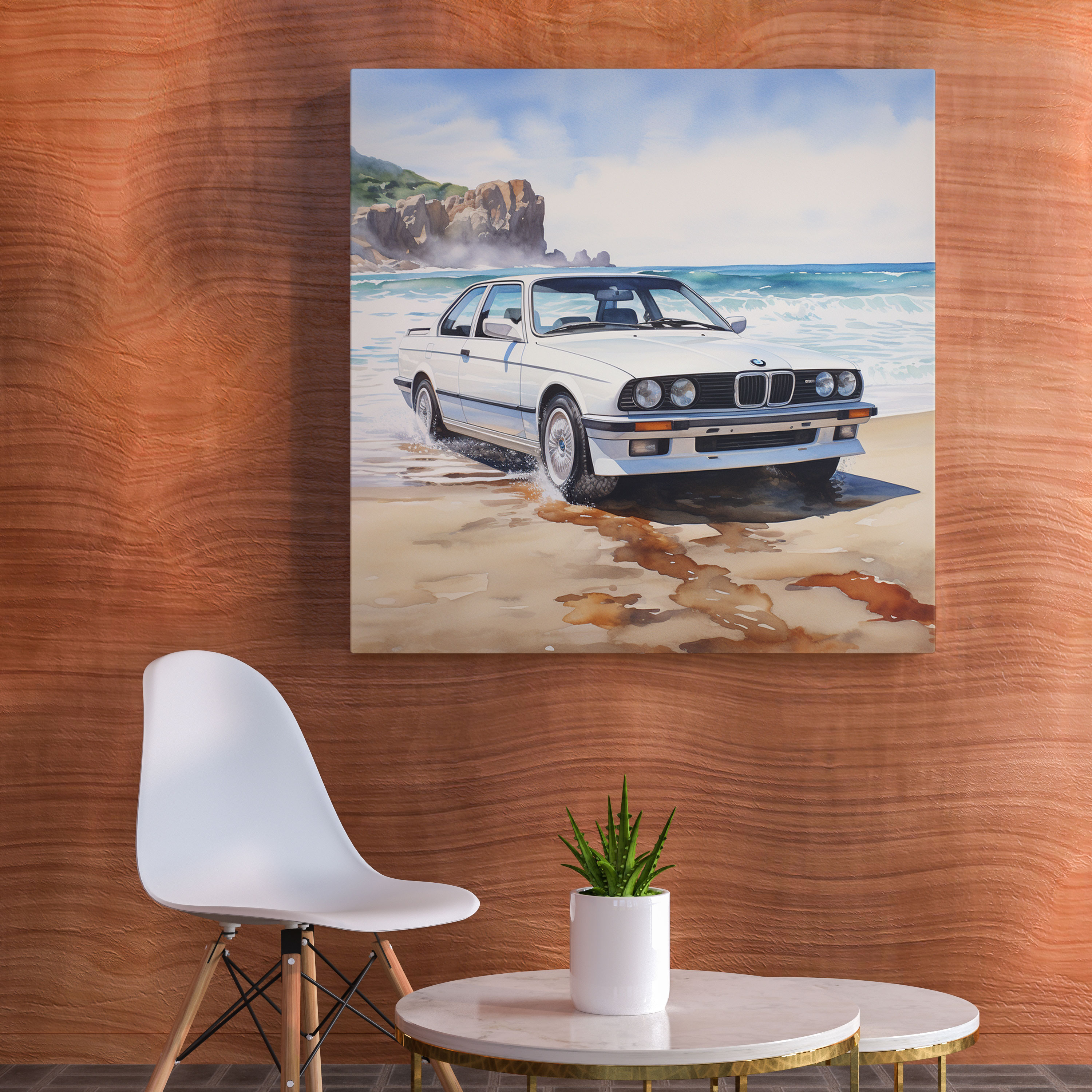 Beach Bmw Canvas Print - Bmw, Serene Beauty, Wall Art, Watercolor Painting