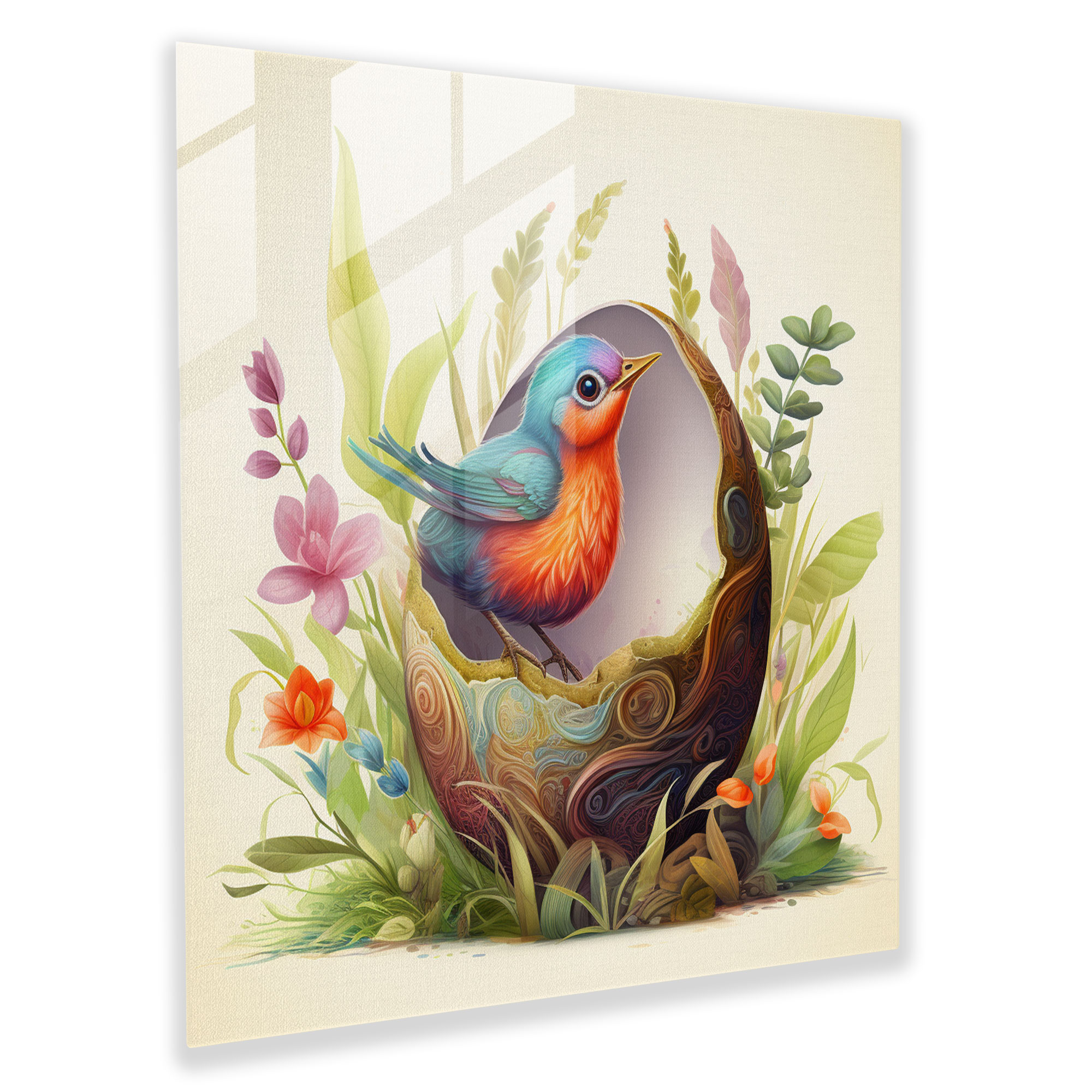 Born To Soar: Whimsical Glass Print - Born, Baby Bird, Whimsical Illustration, Colorful Egg